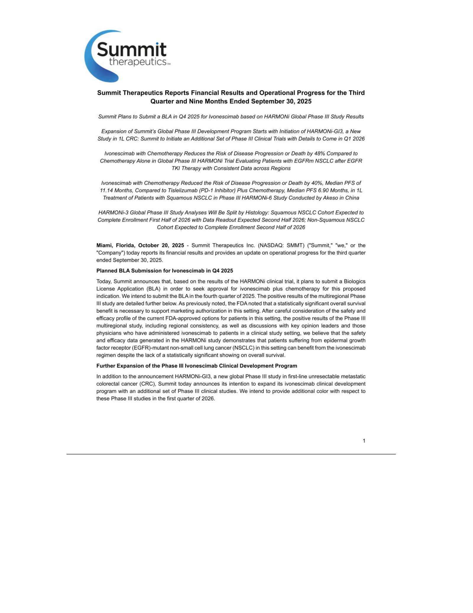 Summit Therapeutics' Q3 2025 Press Release