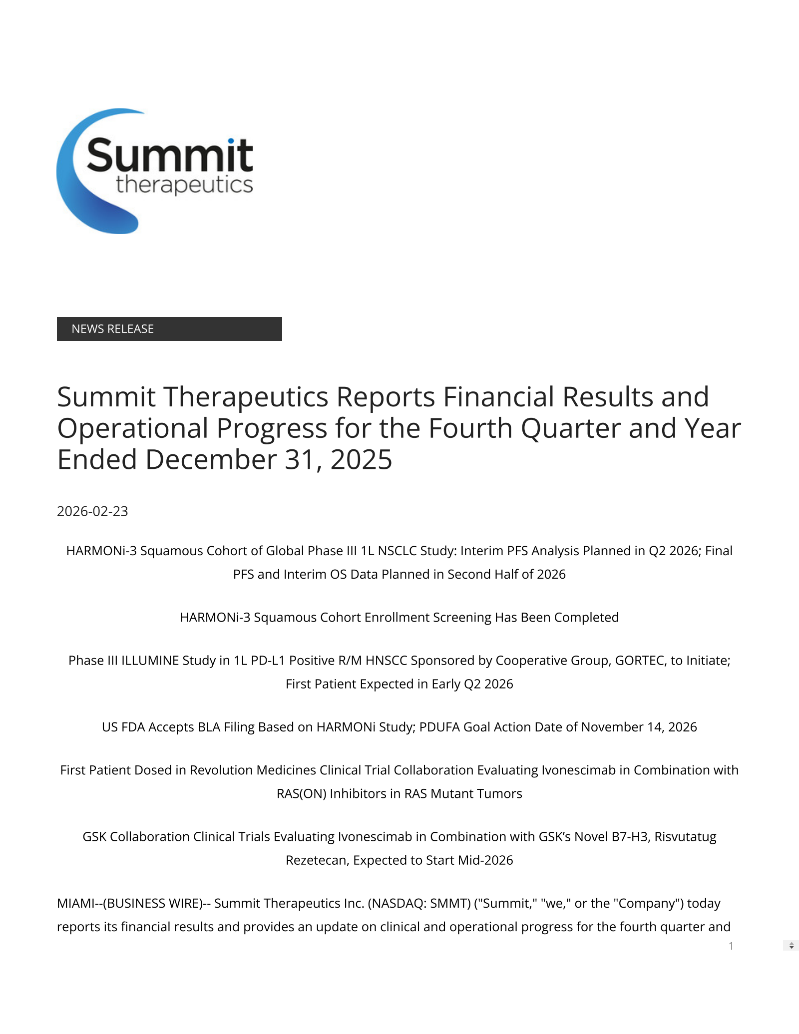Summit Therapeutics' Q4 2025 Press Release