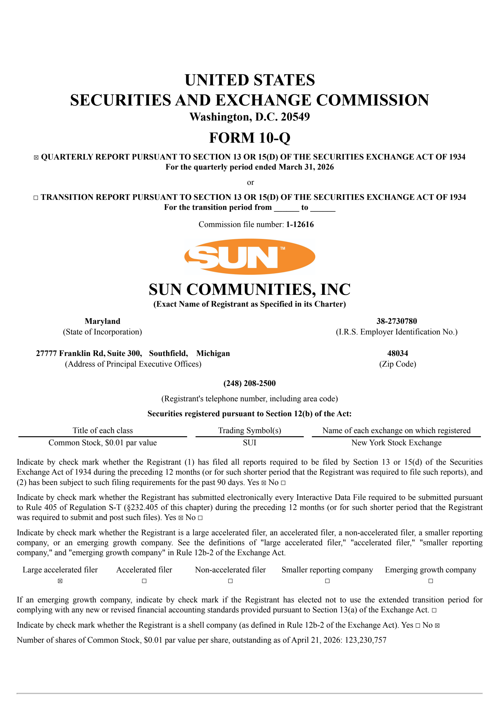 Sun Communities' Q1 2026 Quarterly report