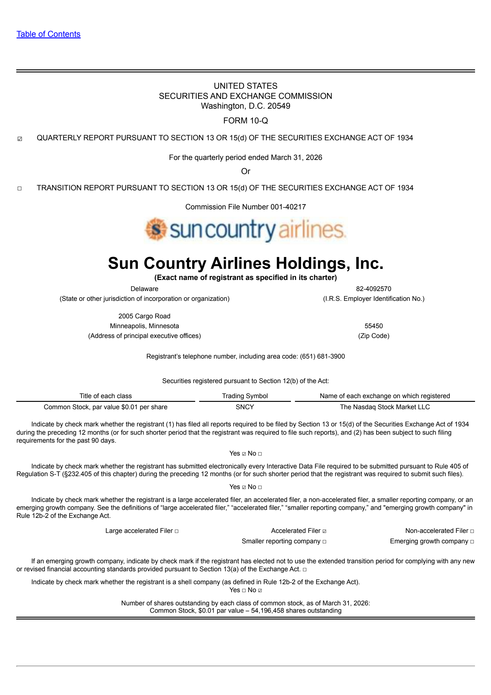 Sun Country Airlines' Q1 2026 Quarterly report