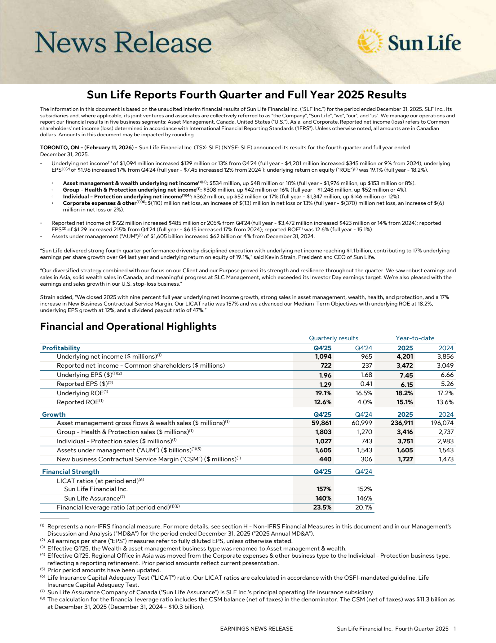 Sun Life Financial's Q4 2025 Press Release