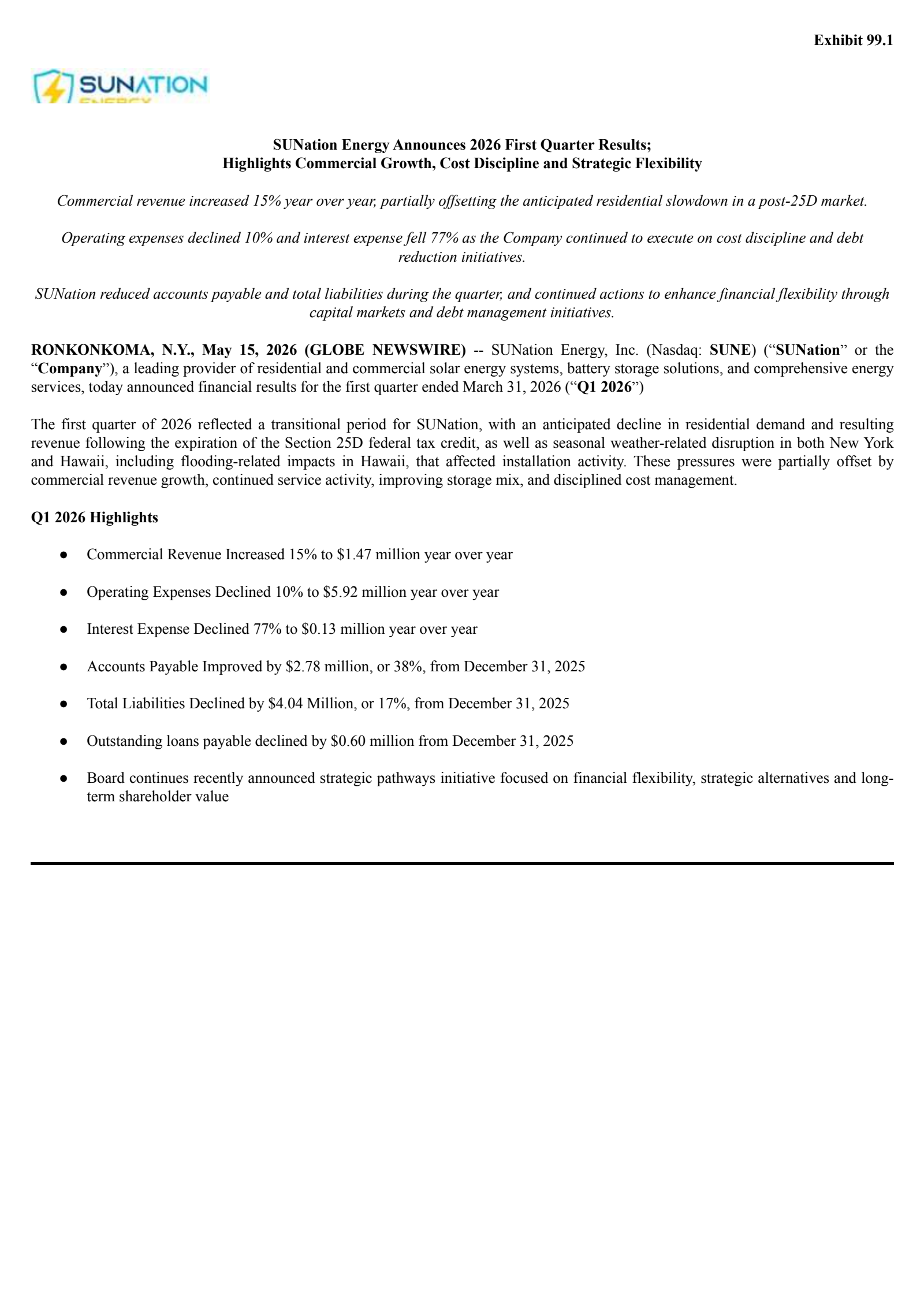 SUNation Energy's Q1 2026 Press Release