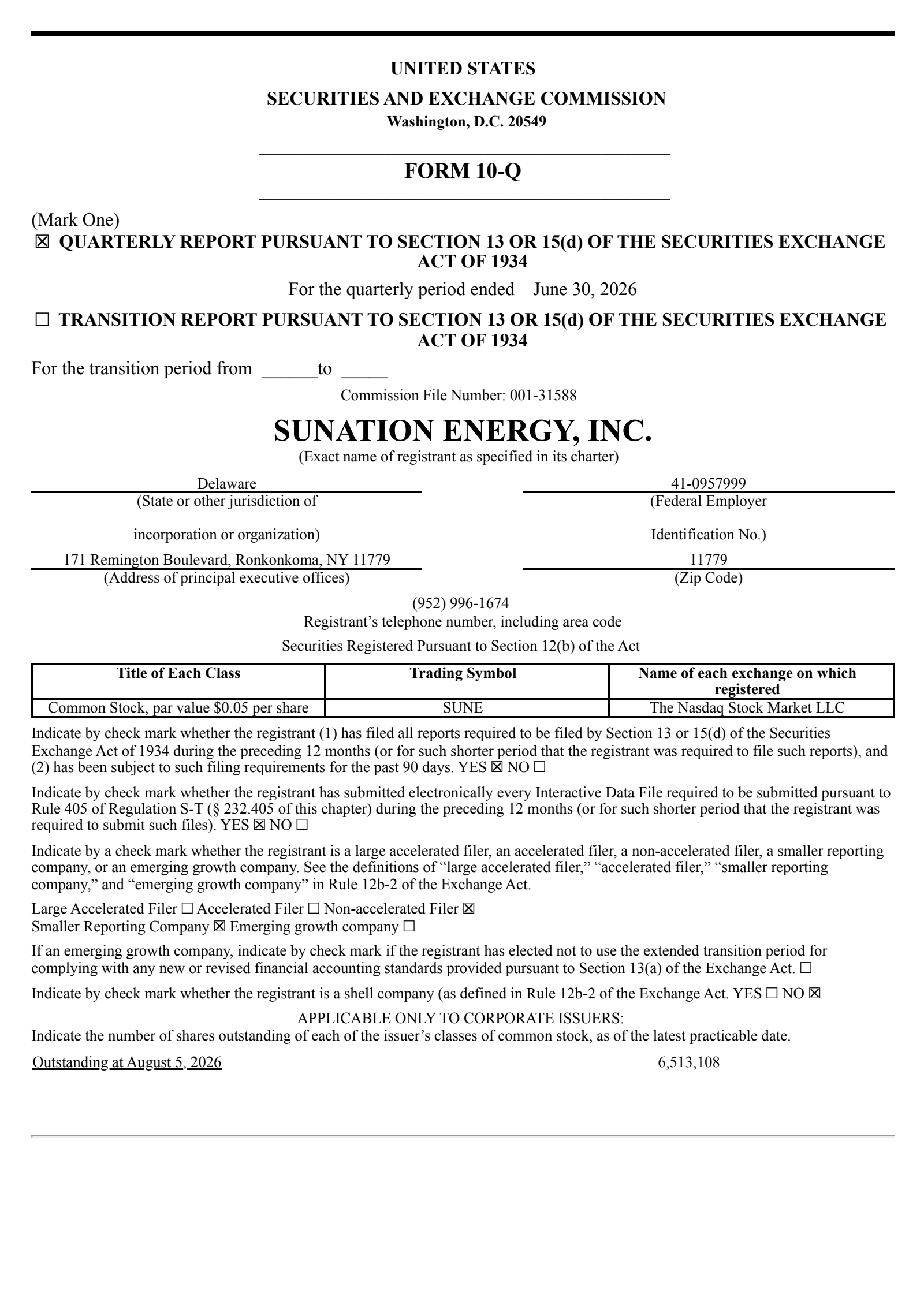 SUNation Energy's Q2 2026 Quarterly report