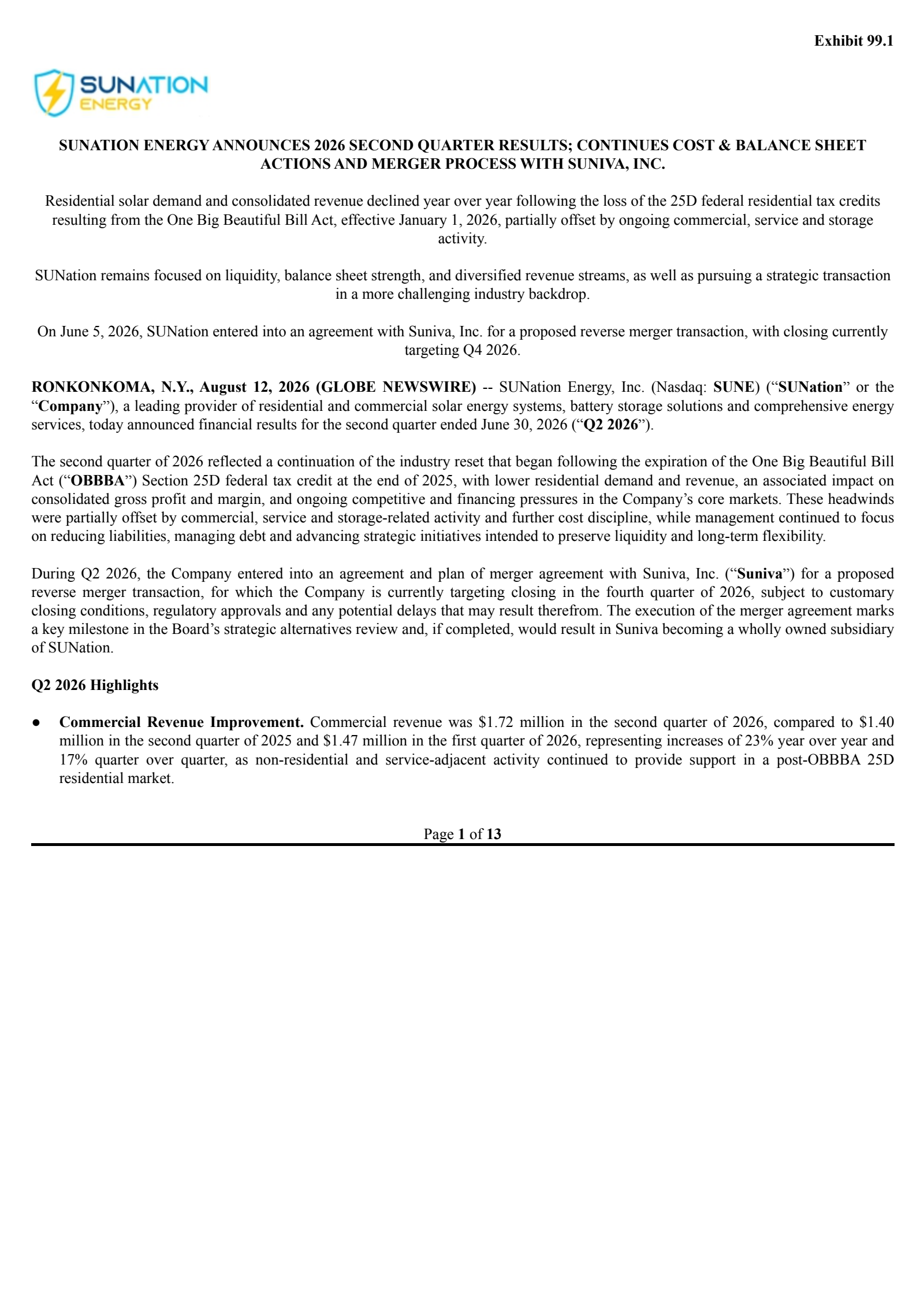 SUNation Energy's Q2 2026 Press Release