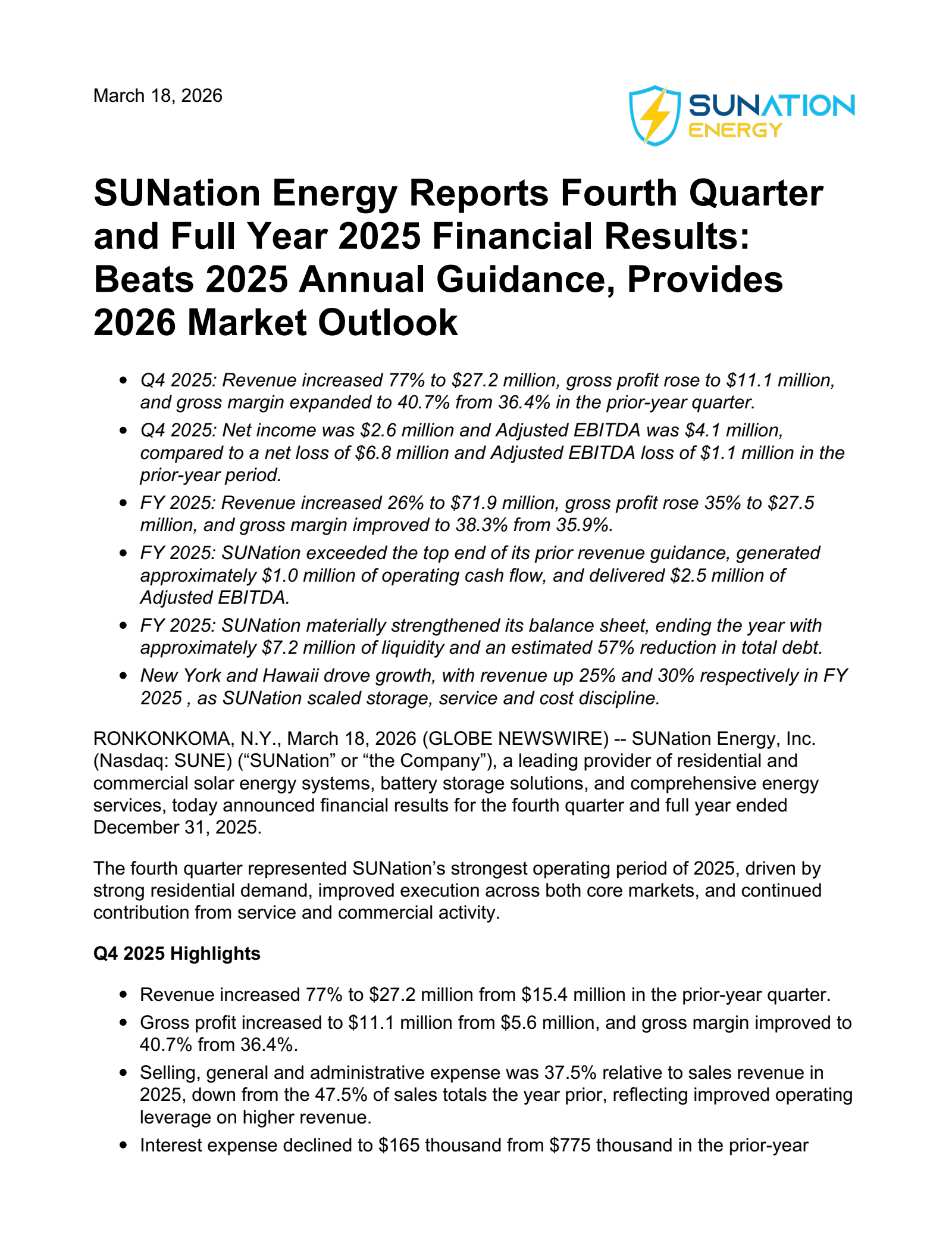 SUNation Energy's Q4 2025 Press Release