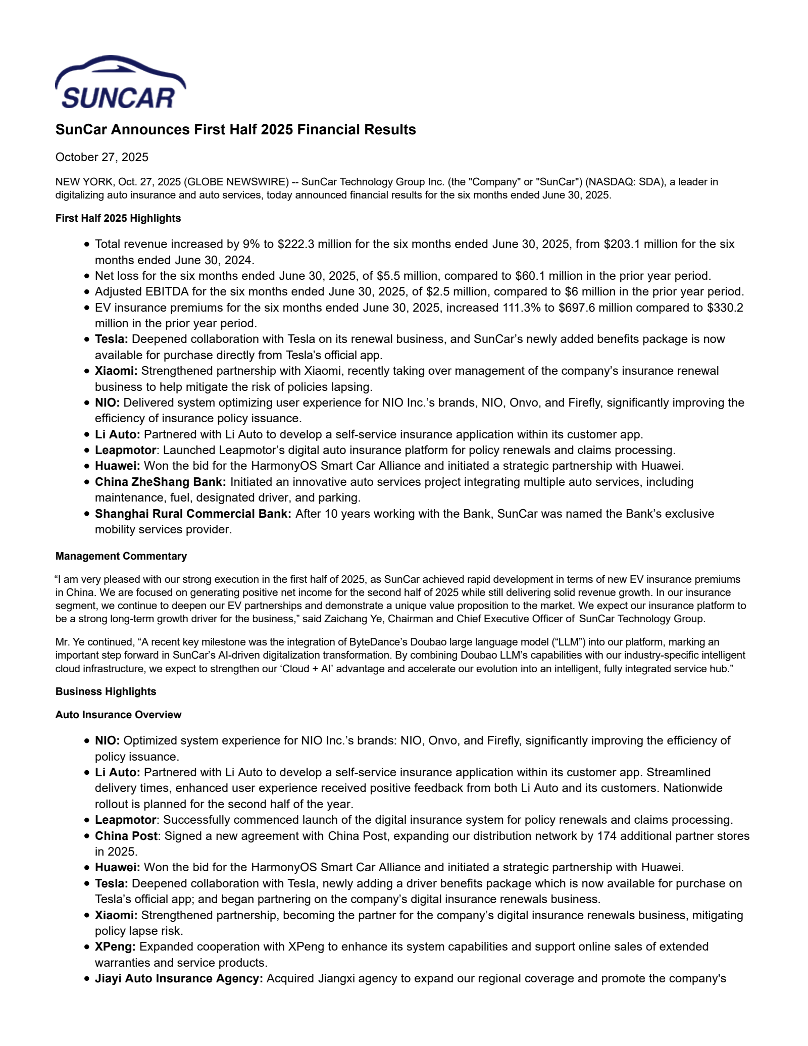 SunCar Technology Group's H1 2025 Earnings Release