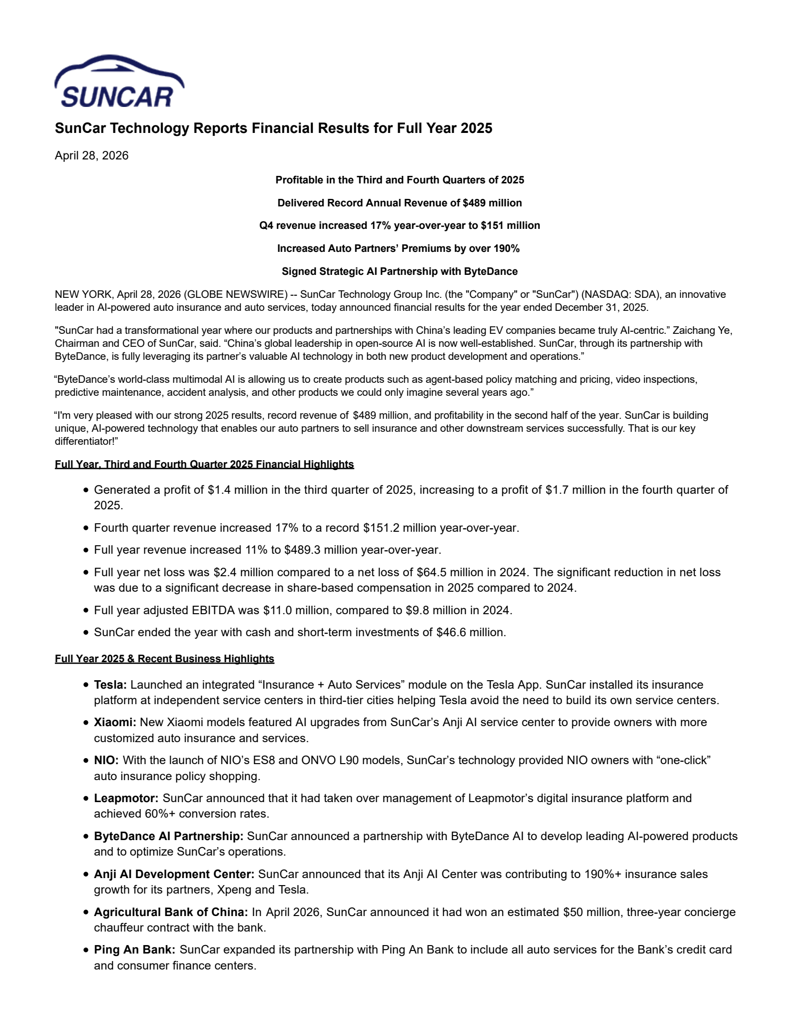 SunCar Technology Group's H2 2025 Press Release