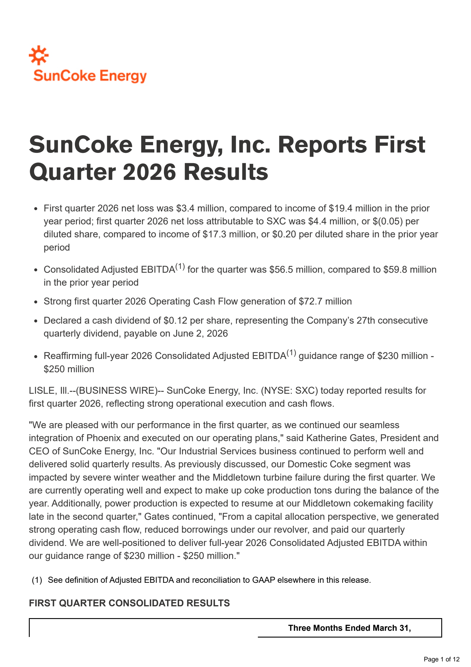 SunCoke Energy's Q1 2026 Press Release