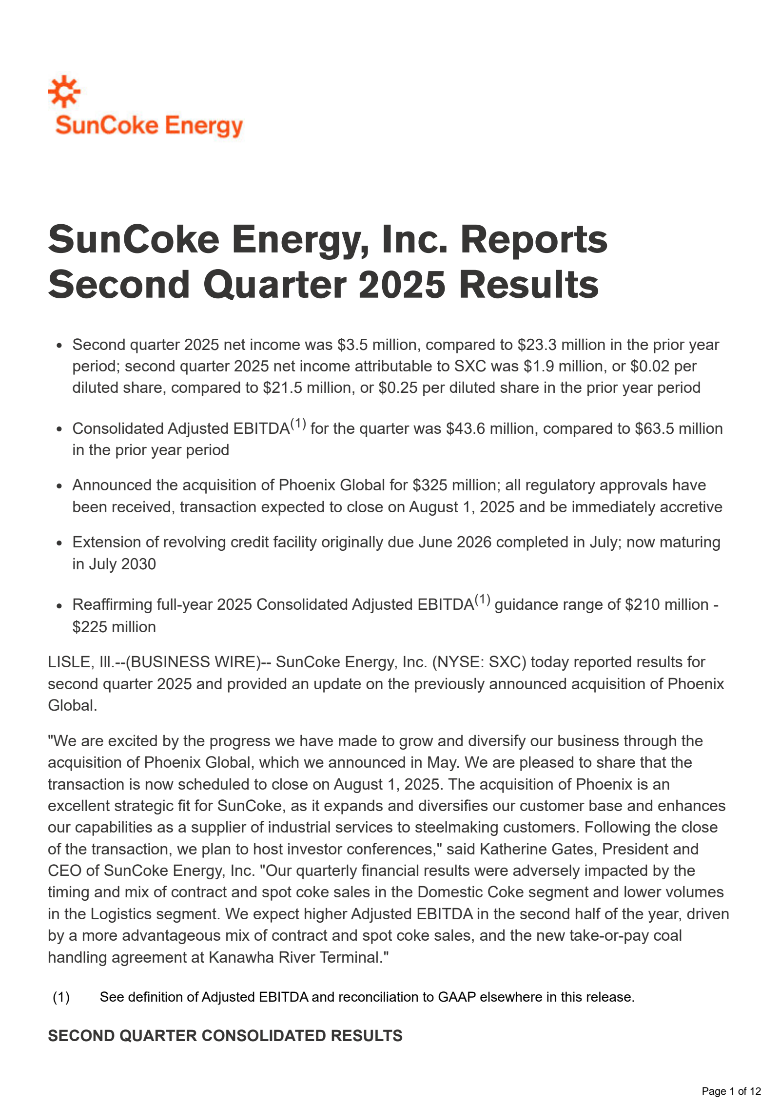 SunCoke Energy's Q2 2025 Press Release