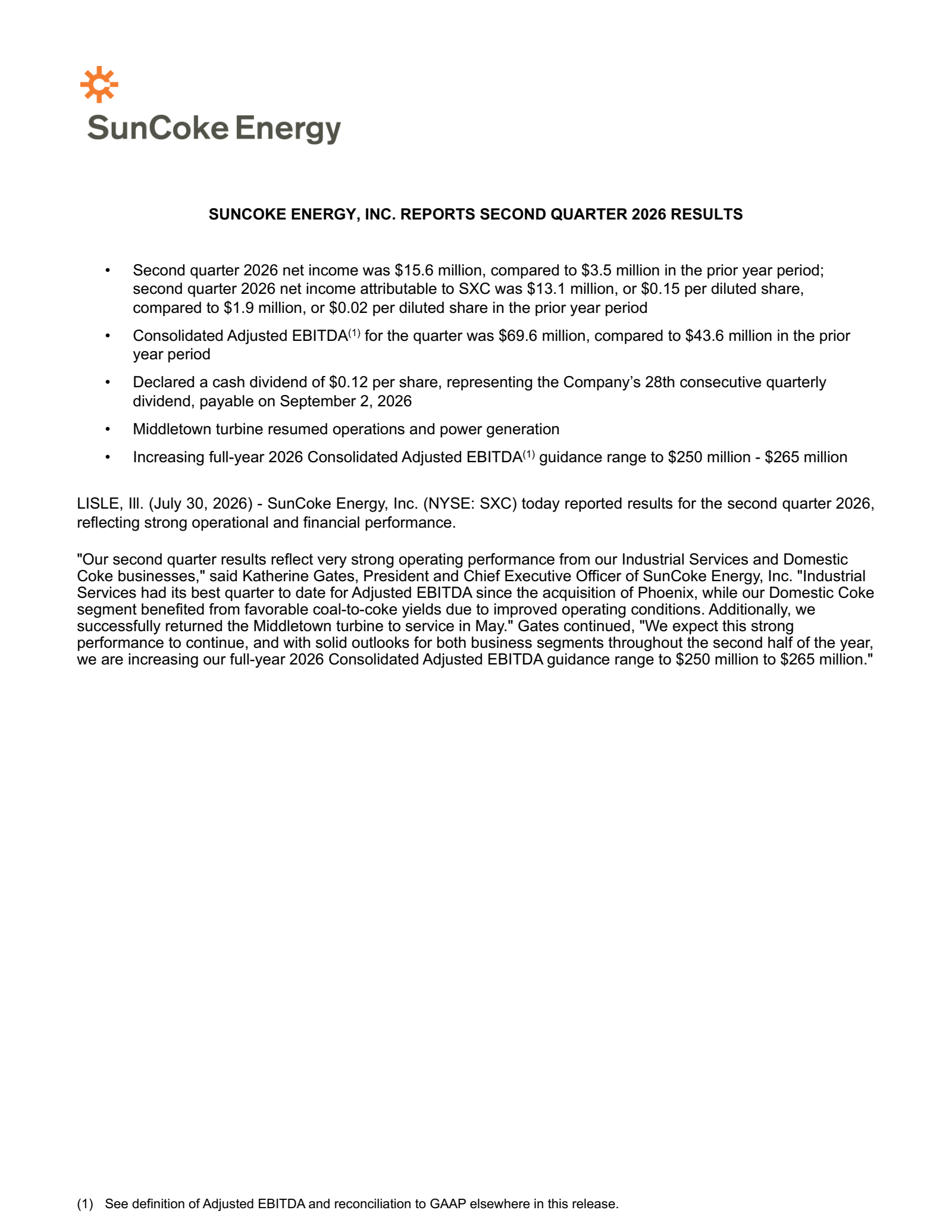 SunCoke Energy's Q2 2026 Press Release