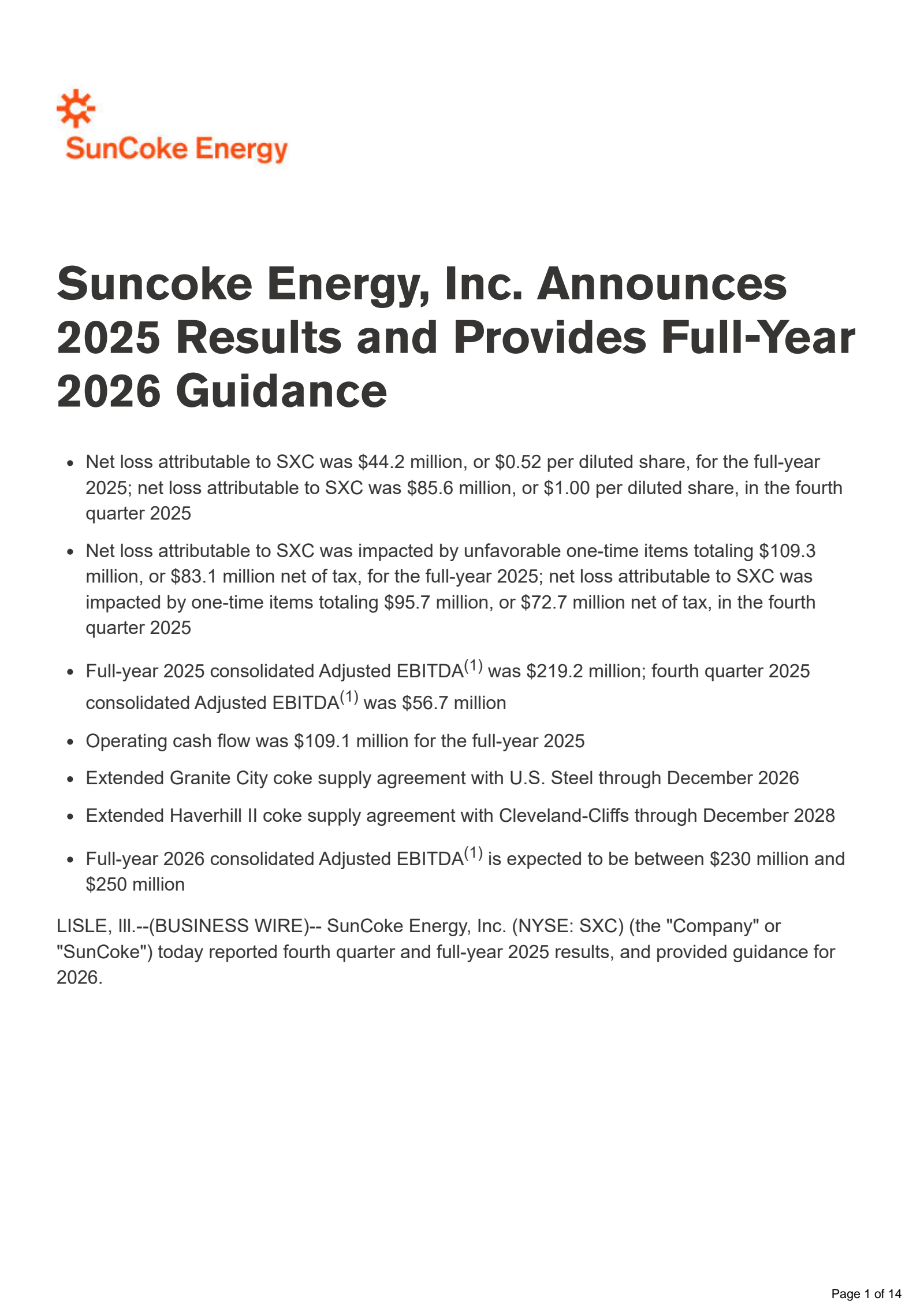SunCoke Energy's Q4 2025 Press Release