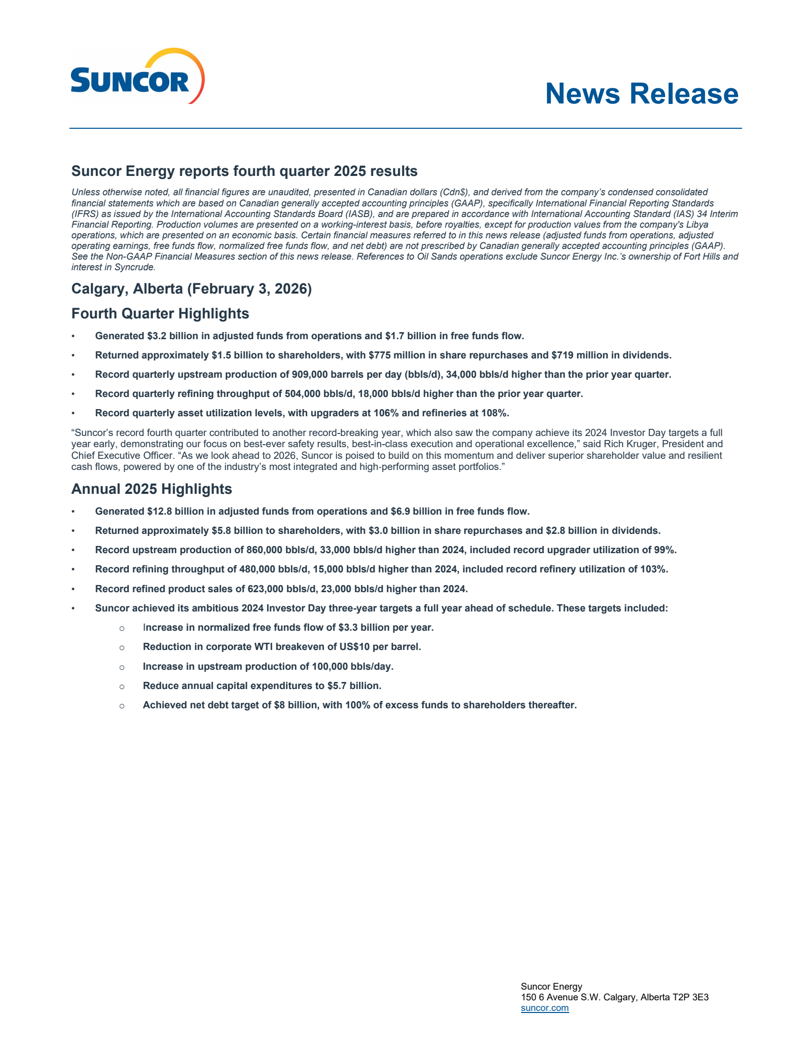 Suncor Energy's Q4 2025 Press Release