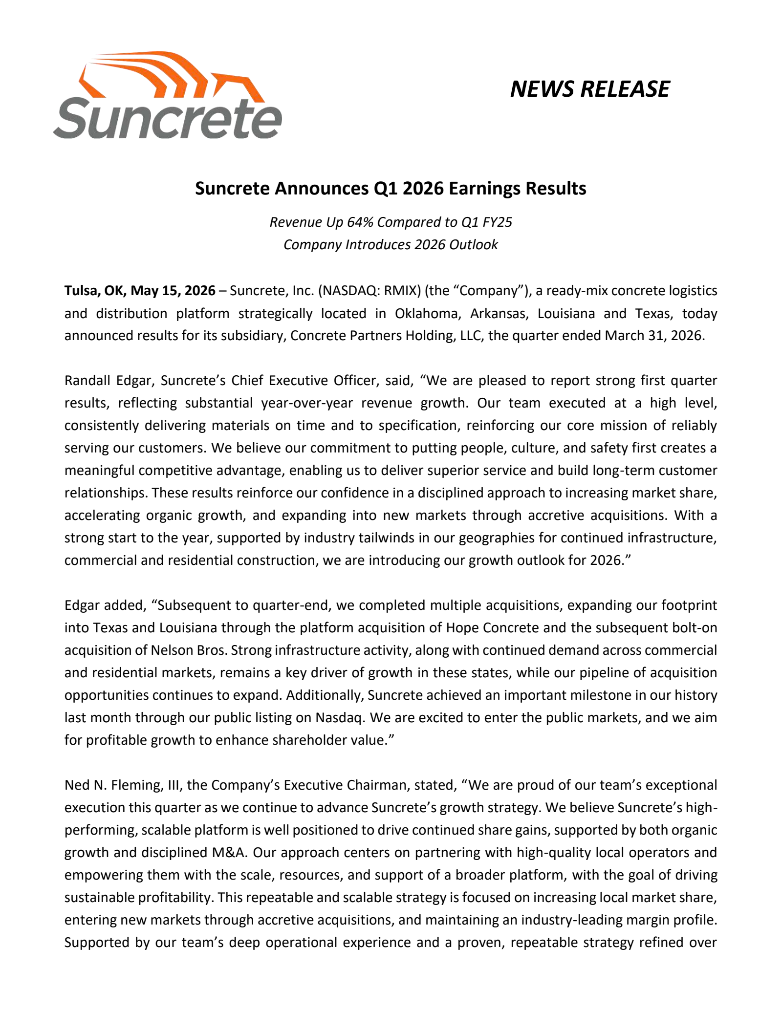 Suncrete's Q1 2026 Press Release