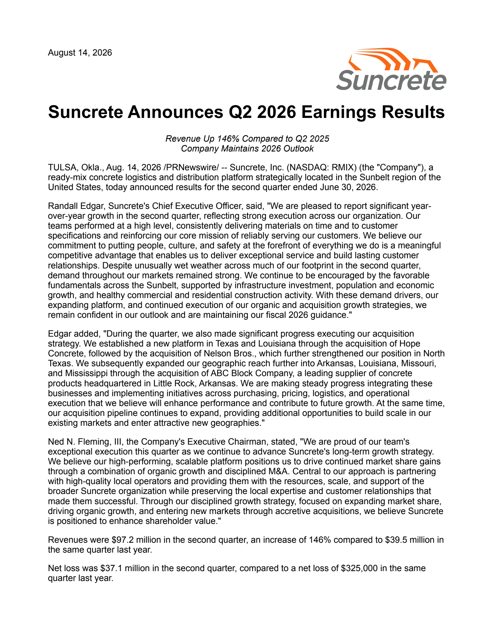 Suncrete's Q2 2026 Press Release