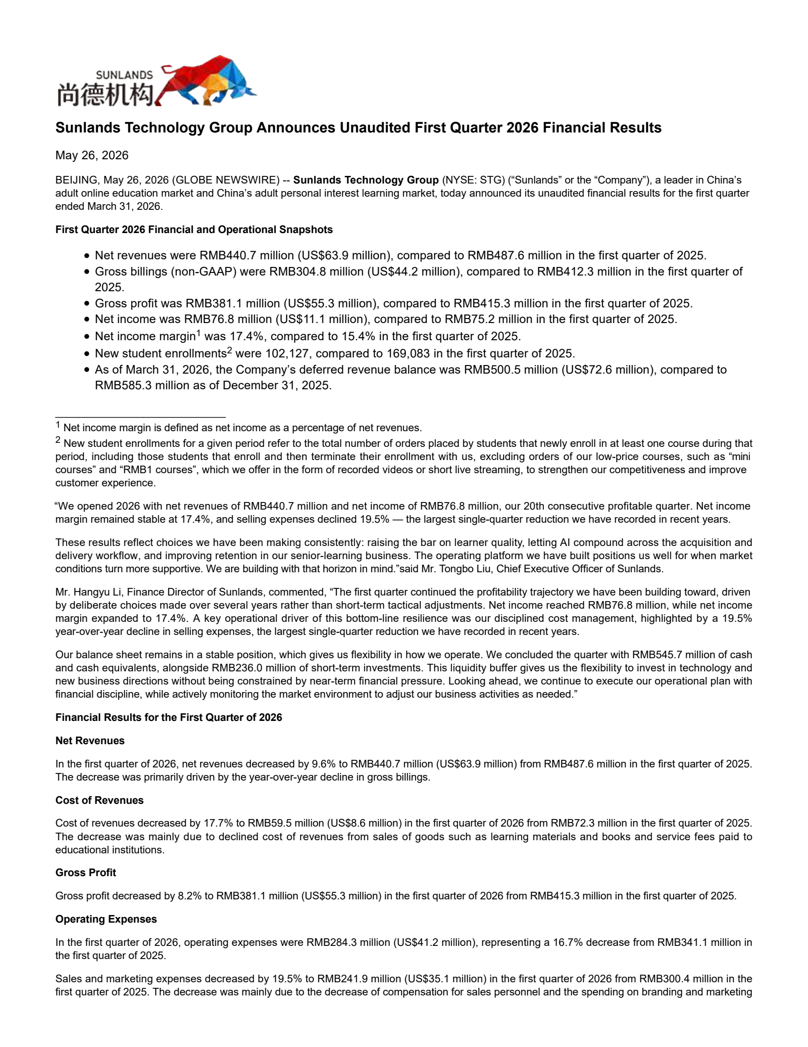 Sunlands Technology Group's Q1 2026 Press Release