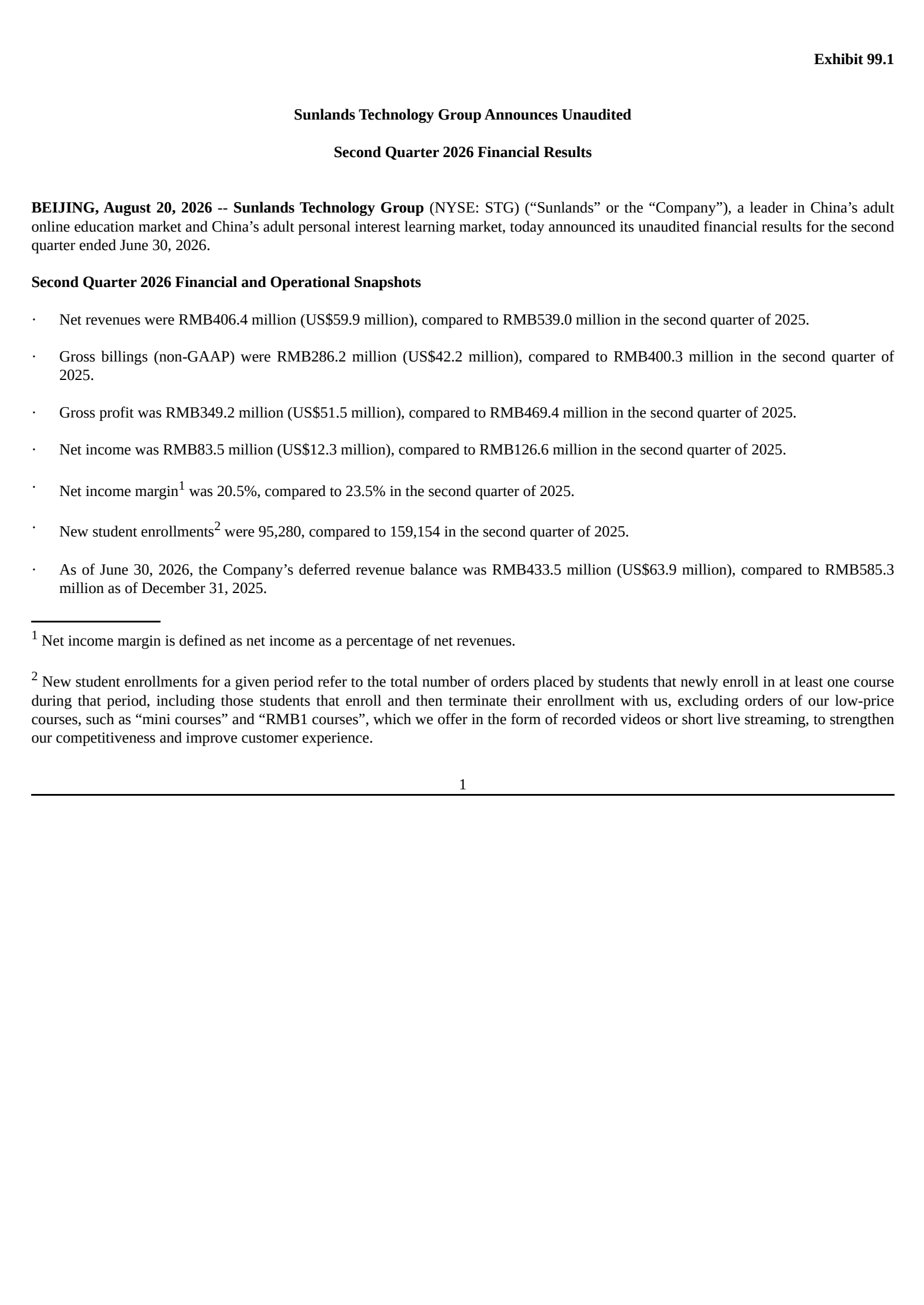 Sunlands Technology Group's Q2 2026 Press Release