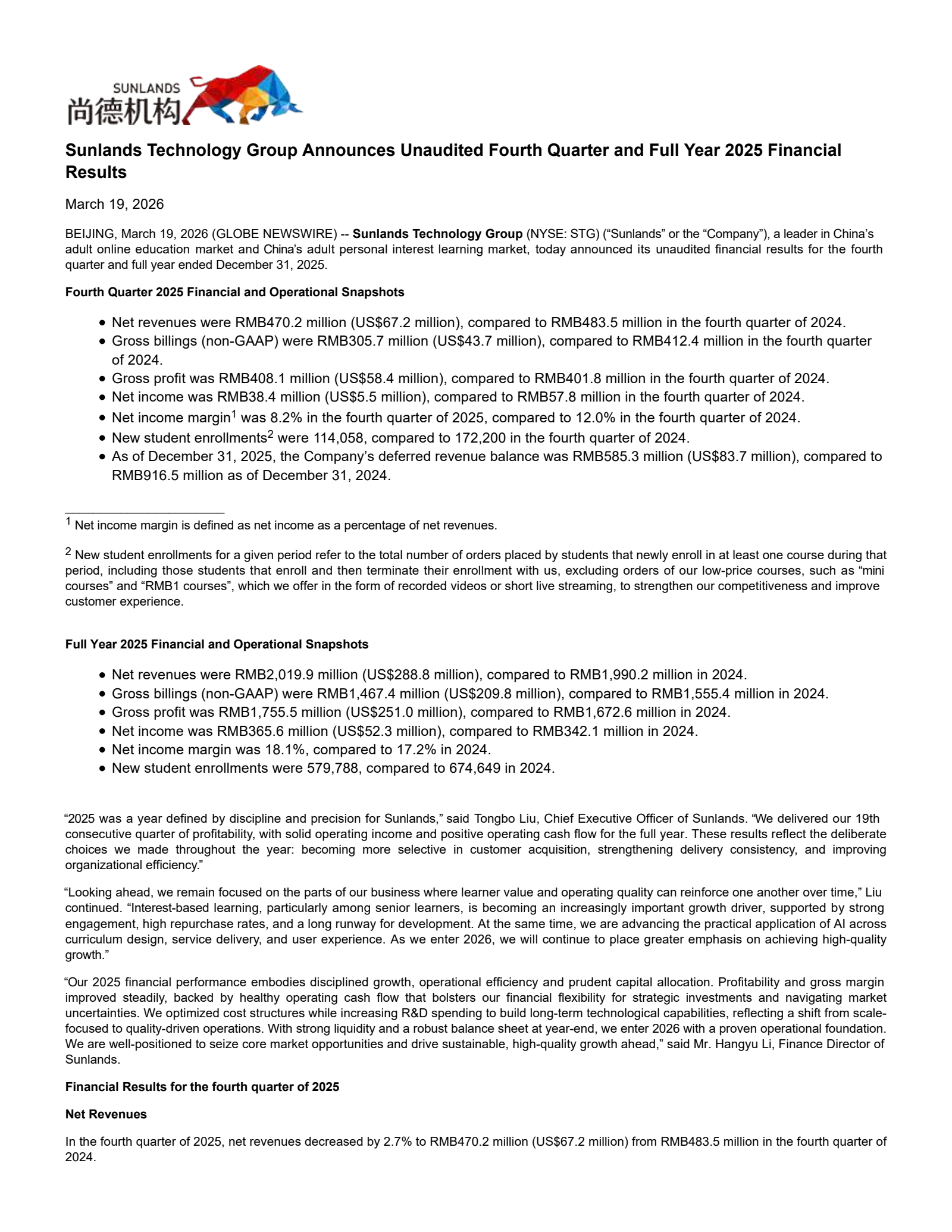 Sunlands Technology Group's Q4 2025 Press Release
