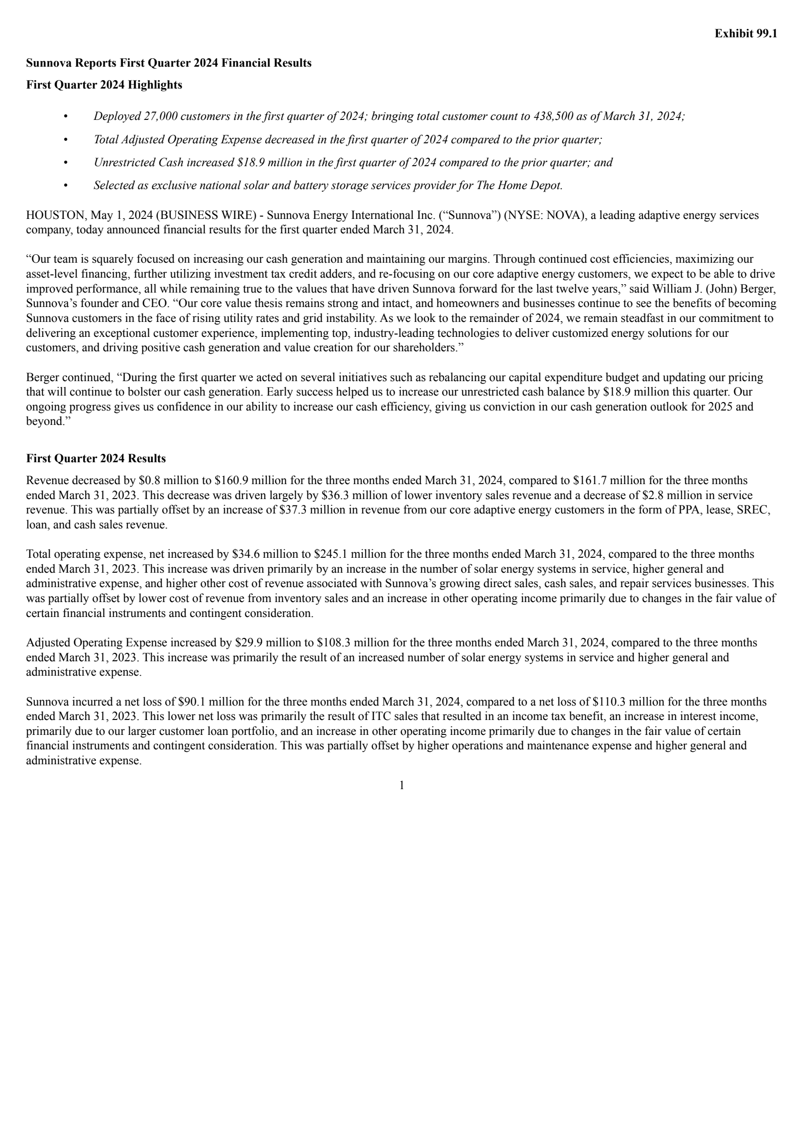 Sunnova Energy International's Q1 2024 Press Release