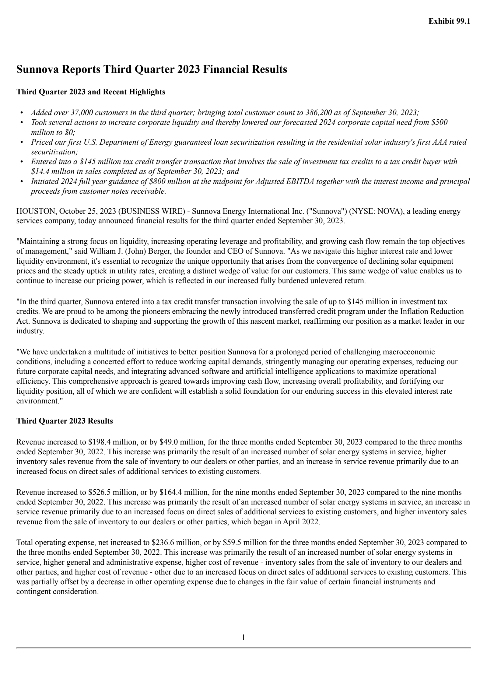 Sunnova Energy International's Q3 2023 Press Release