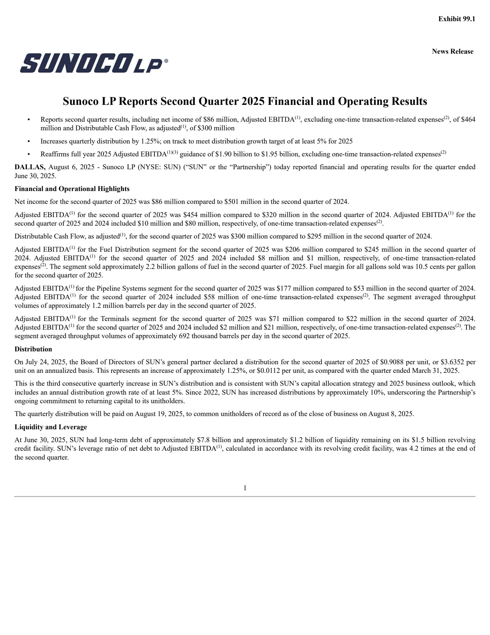 Sunoco's Q2 2025 Press Release