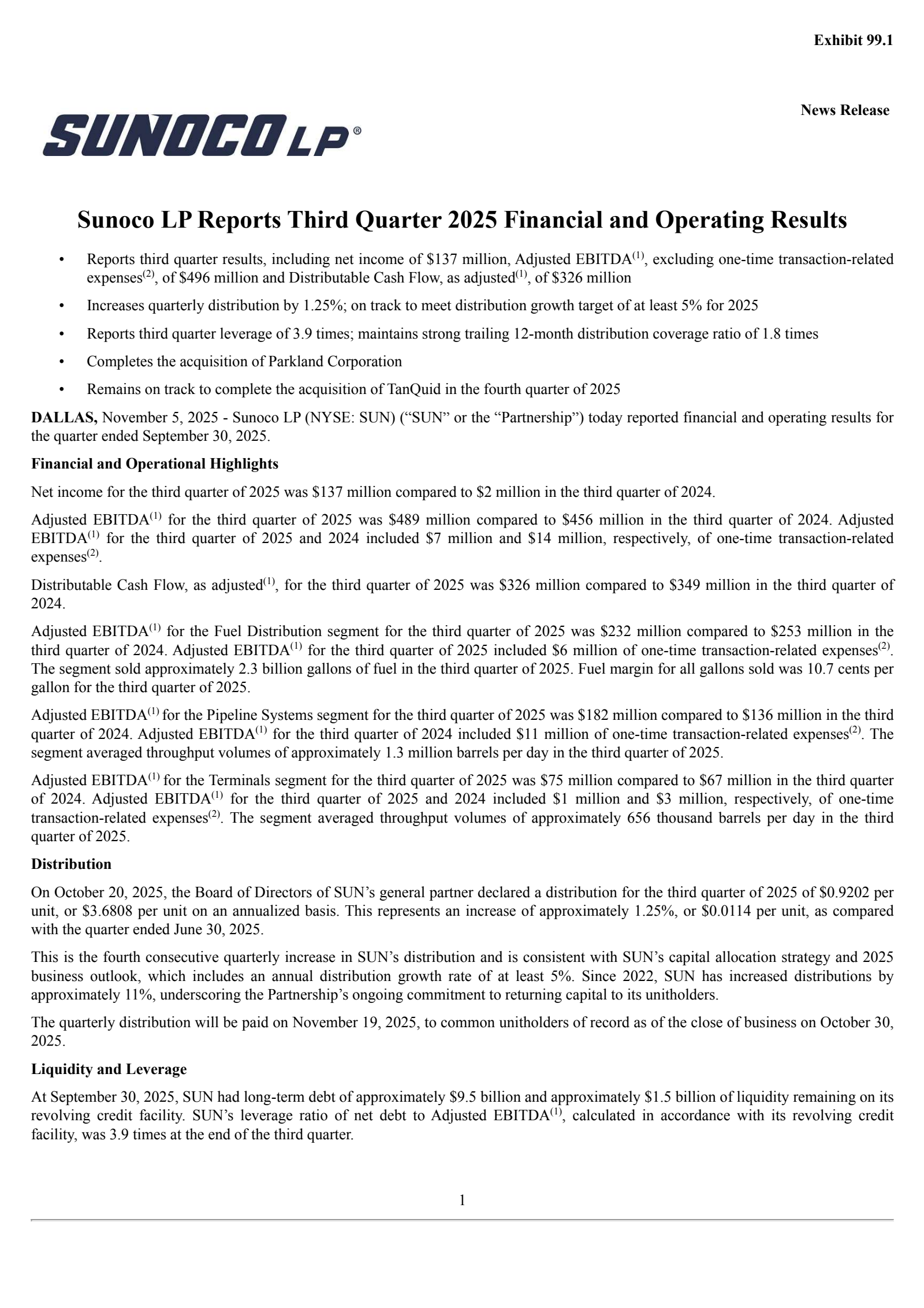 Sunoco's Q3 2025 Earnings Release