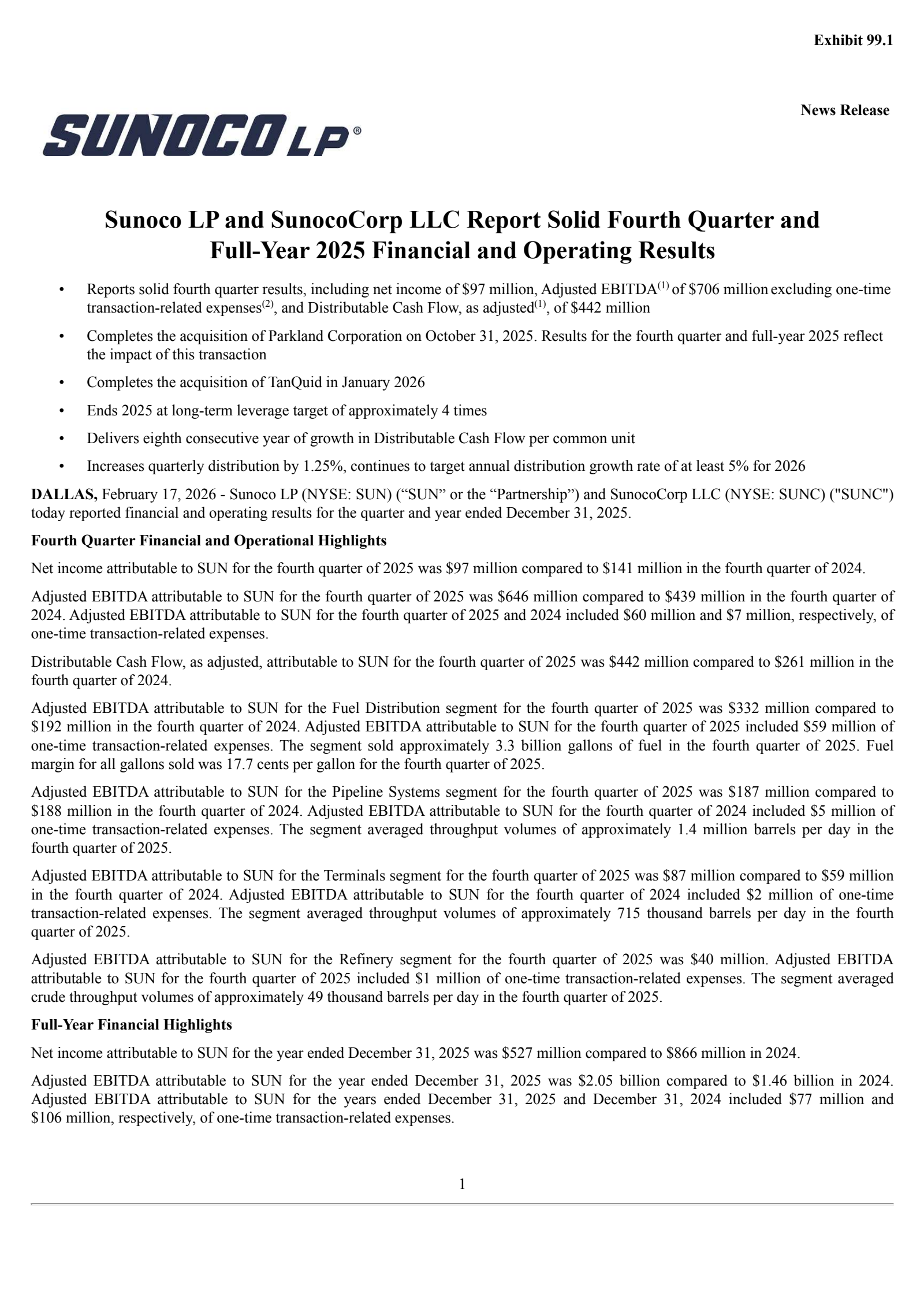 Sunoco's Q4 2025 Press Release
