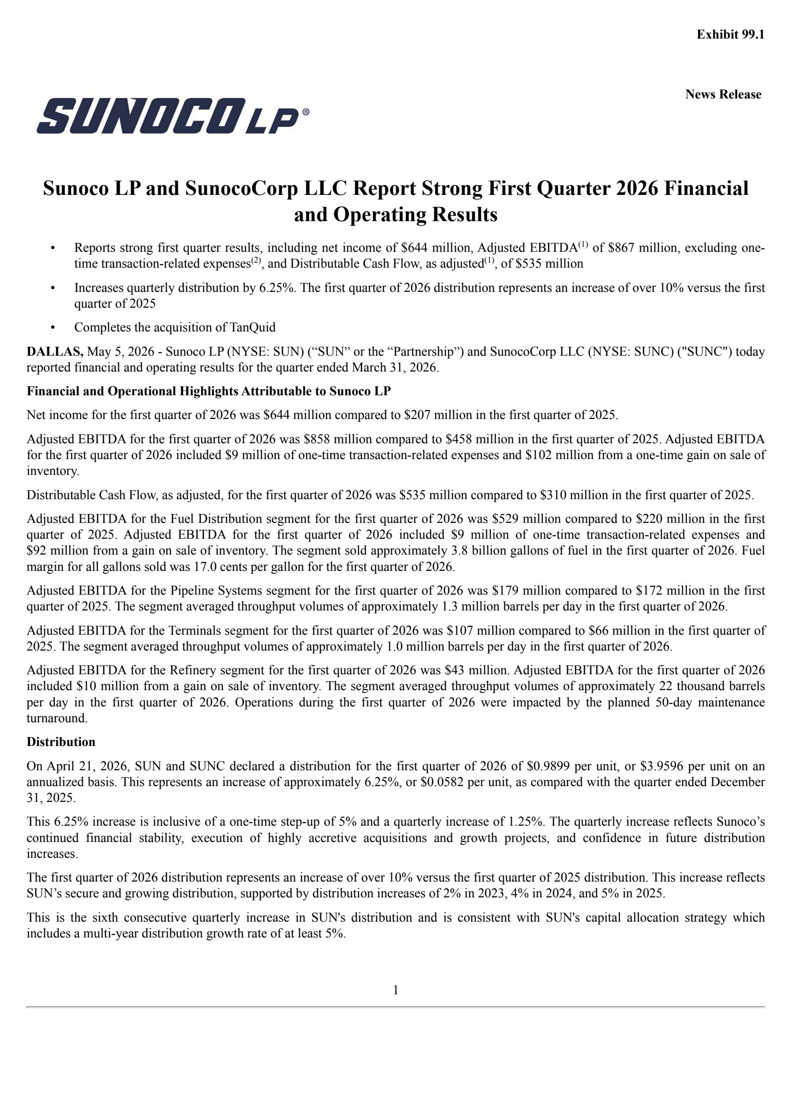 SunocoCorp's Q1 2026 Press Release