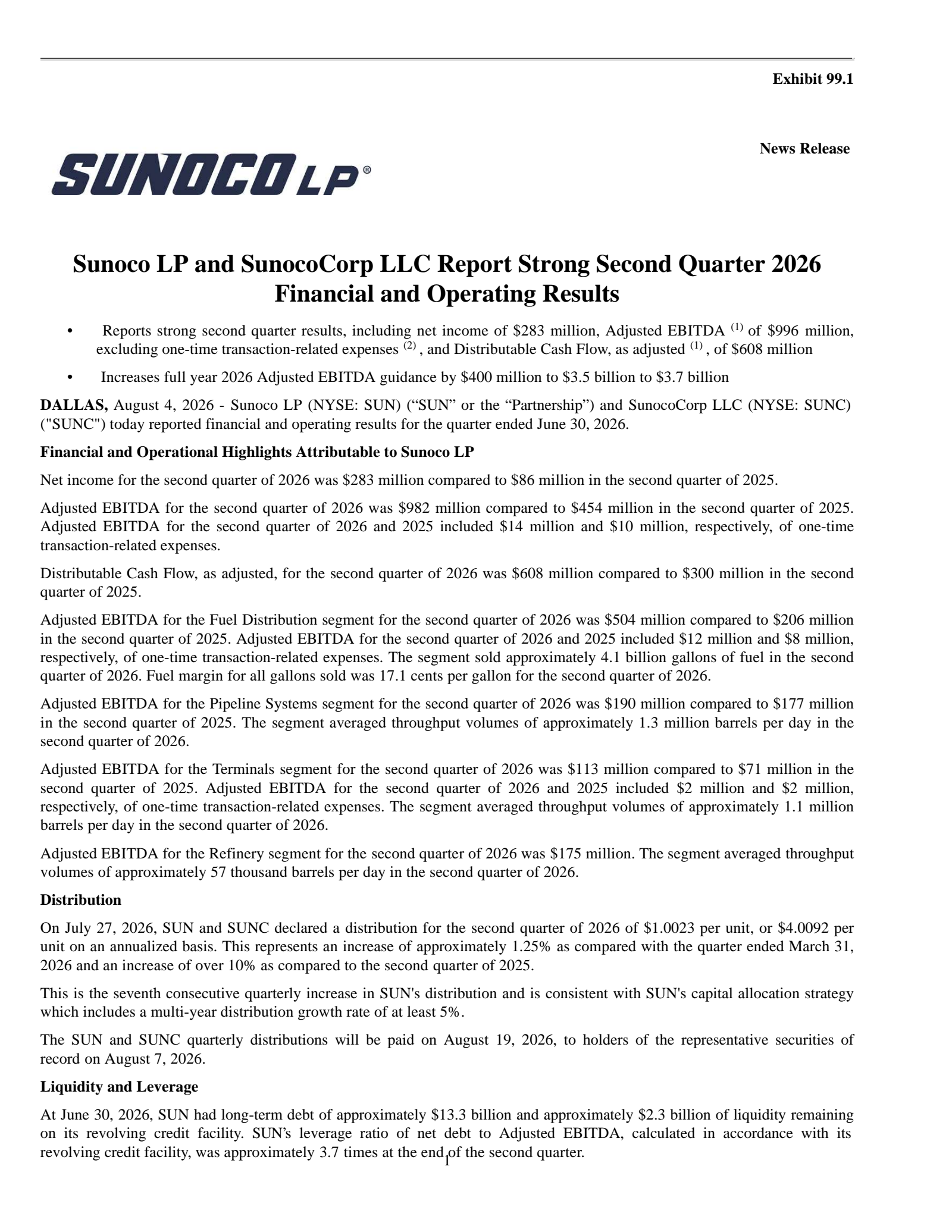 SunocoCorp's Q2 2026 Press Release