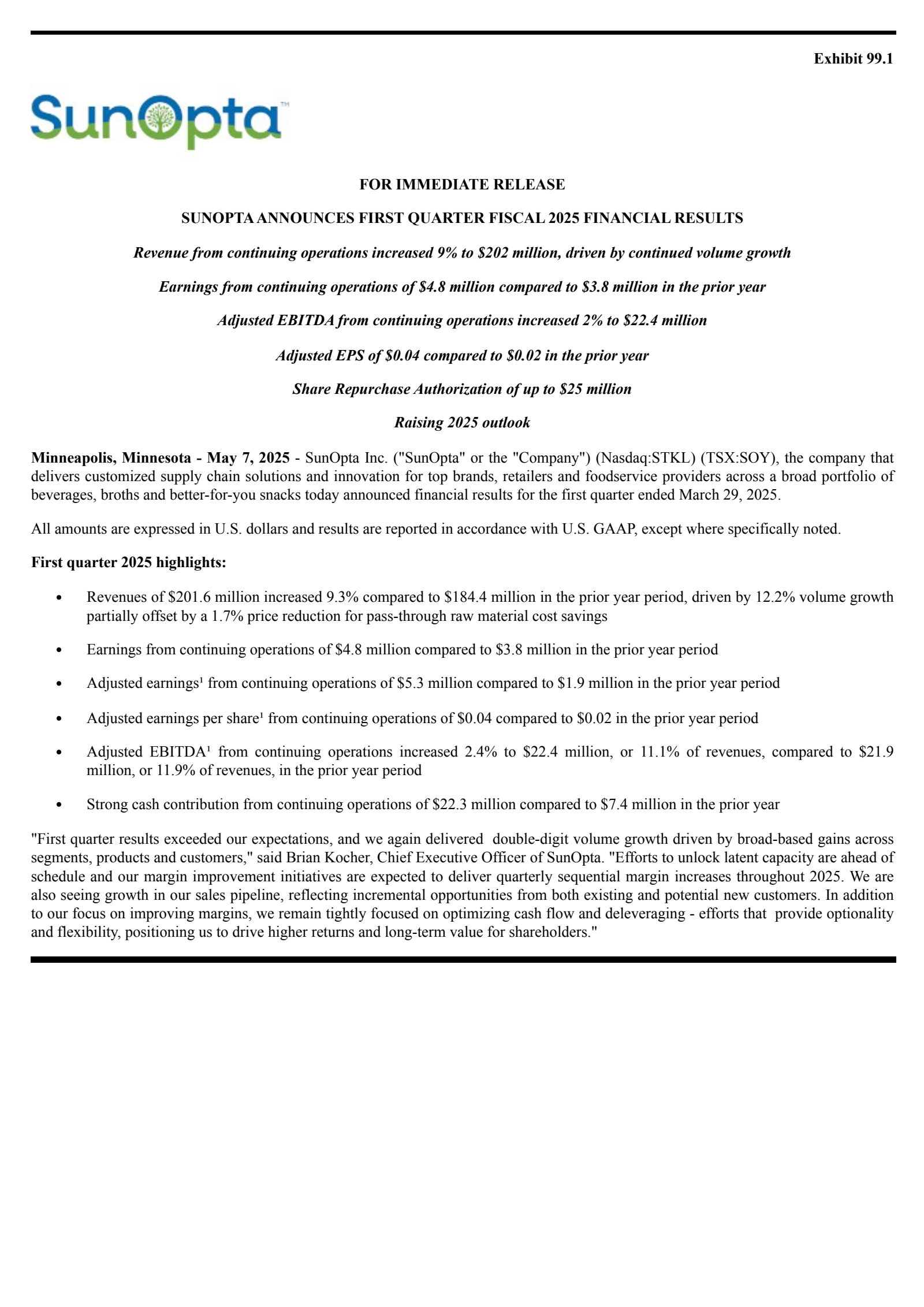 SunOpta's Q1 2025 Press Release