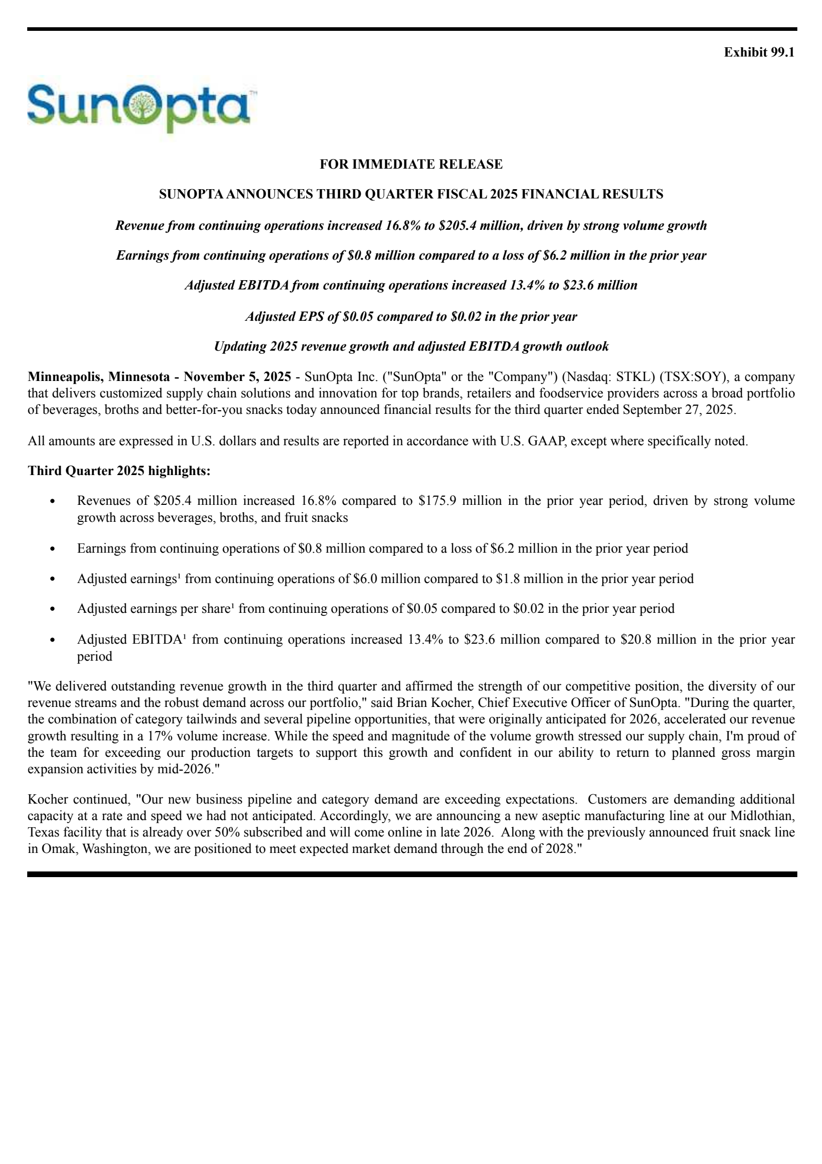 SunOpta's Q3 2025 Press Release