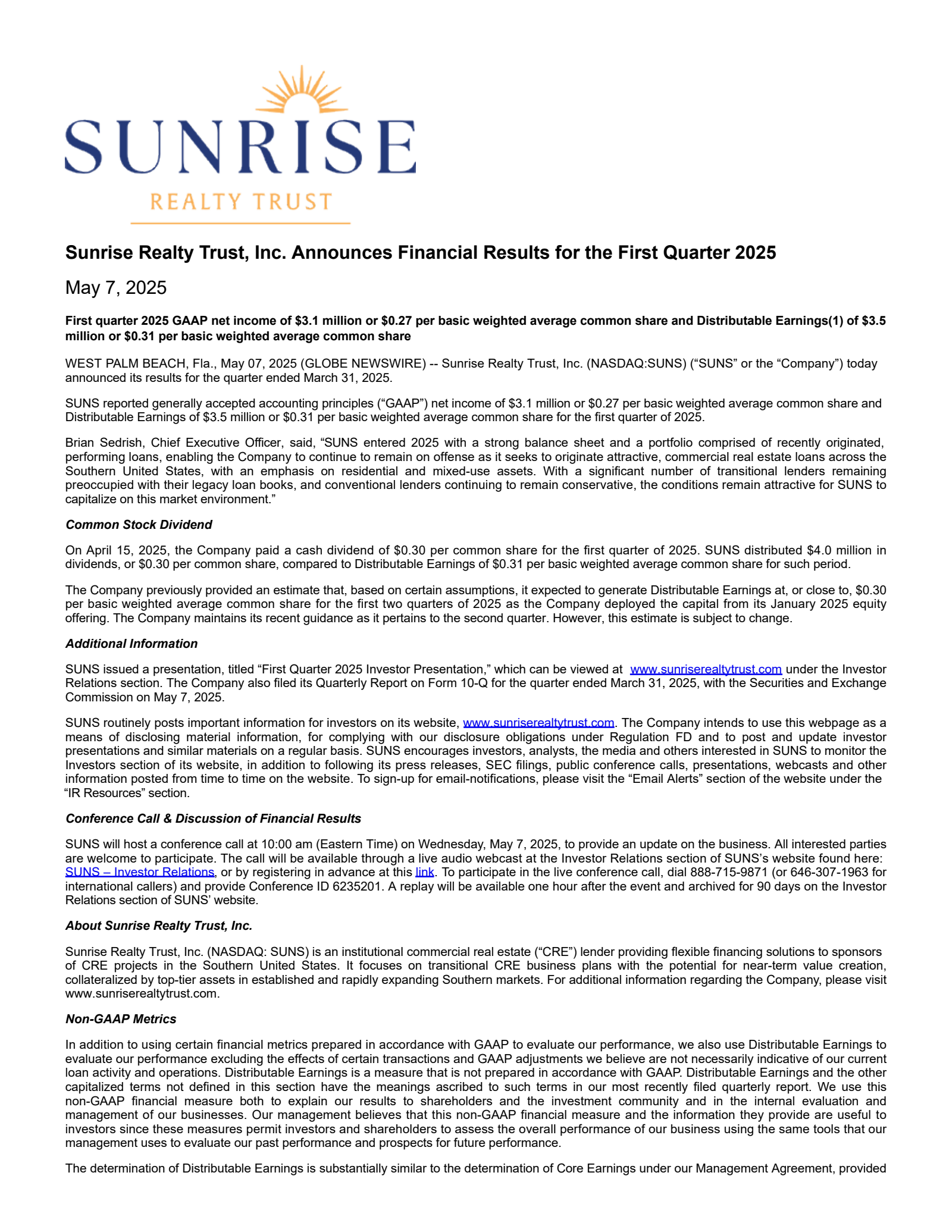 Sunrise Realty Trust's Q1 2025 Press Release