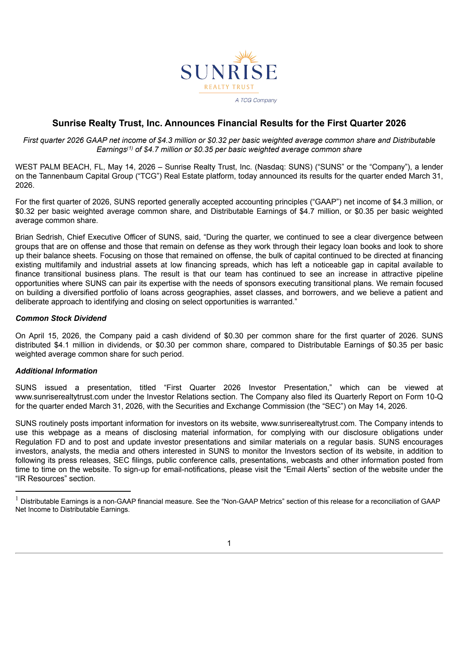 Sunrise Realty Trust's Q1 2026 Press Release