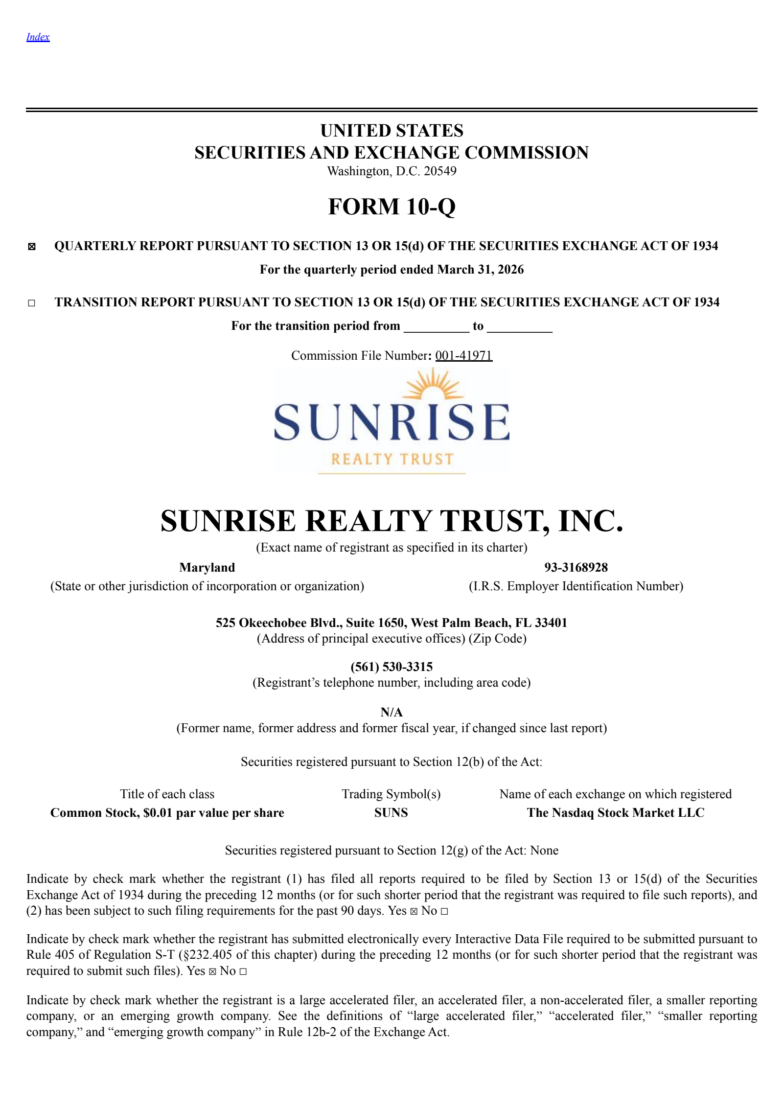 Sunrise Realty Trust's Q1 2026 Quarterly report