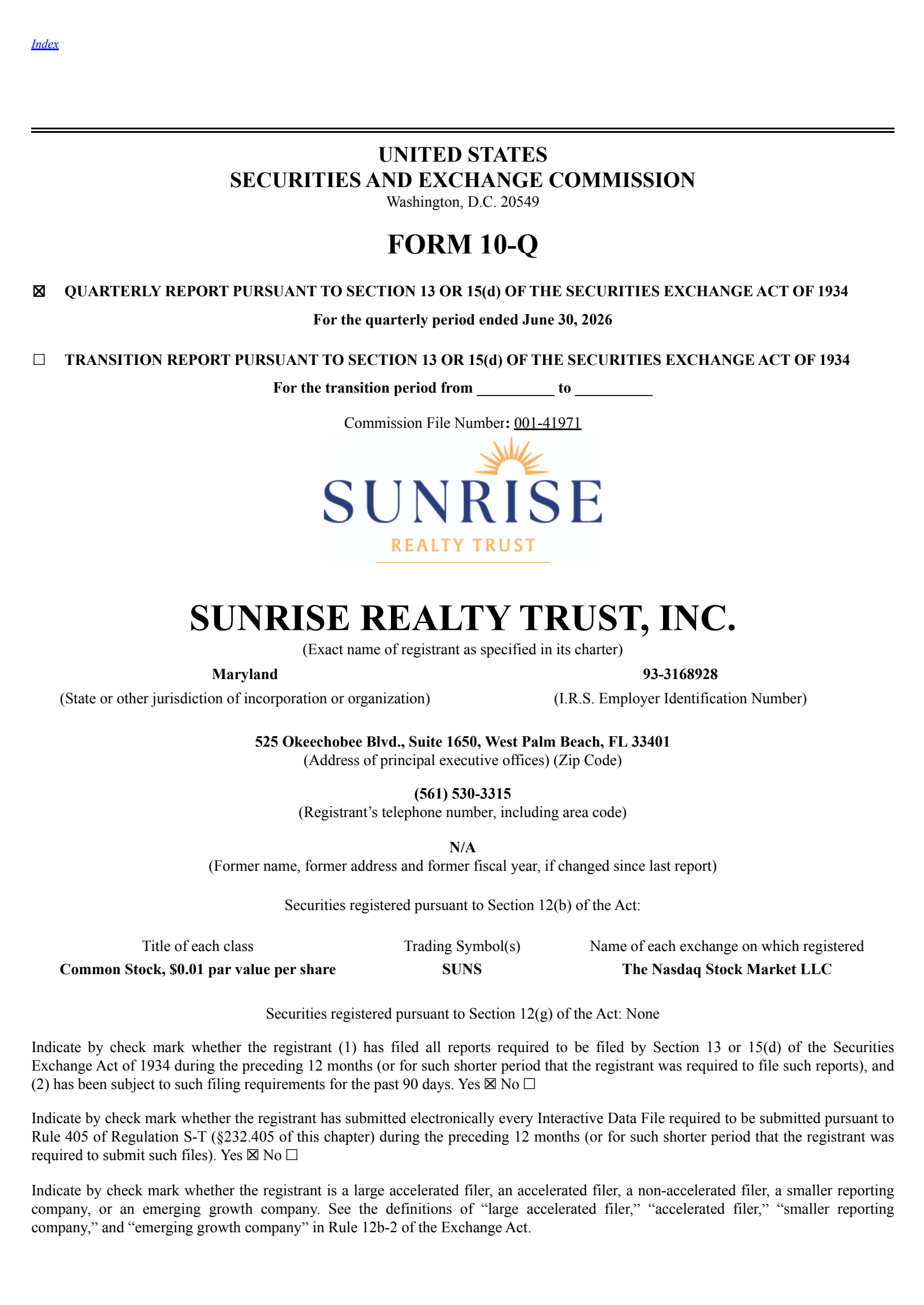 Sunrise Realty Trust's Q2 2026 Quarterly report