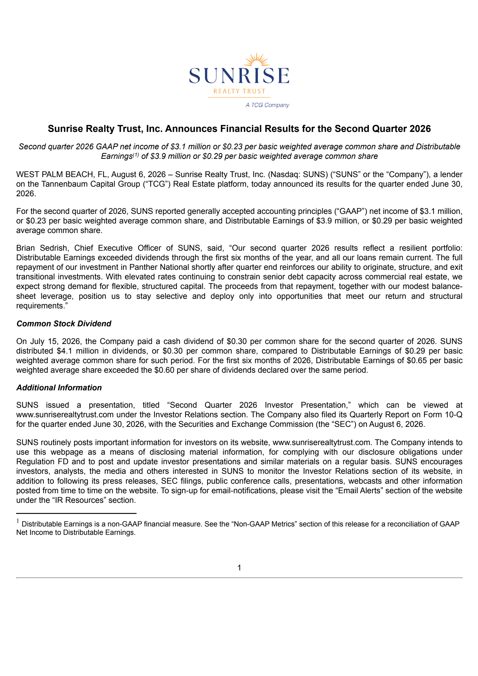 Sunrise Realty Trust's Q2 2026 Press Release