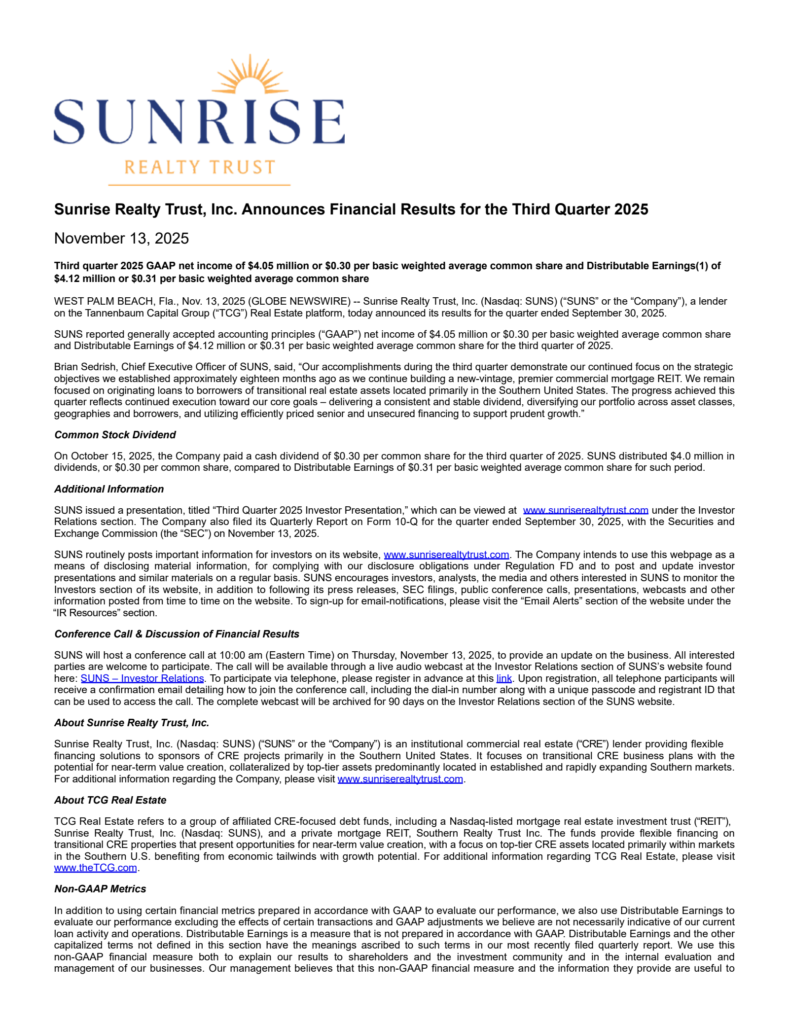 Sunrise Realty Trust's Q3 2025 Earnings Release