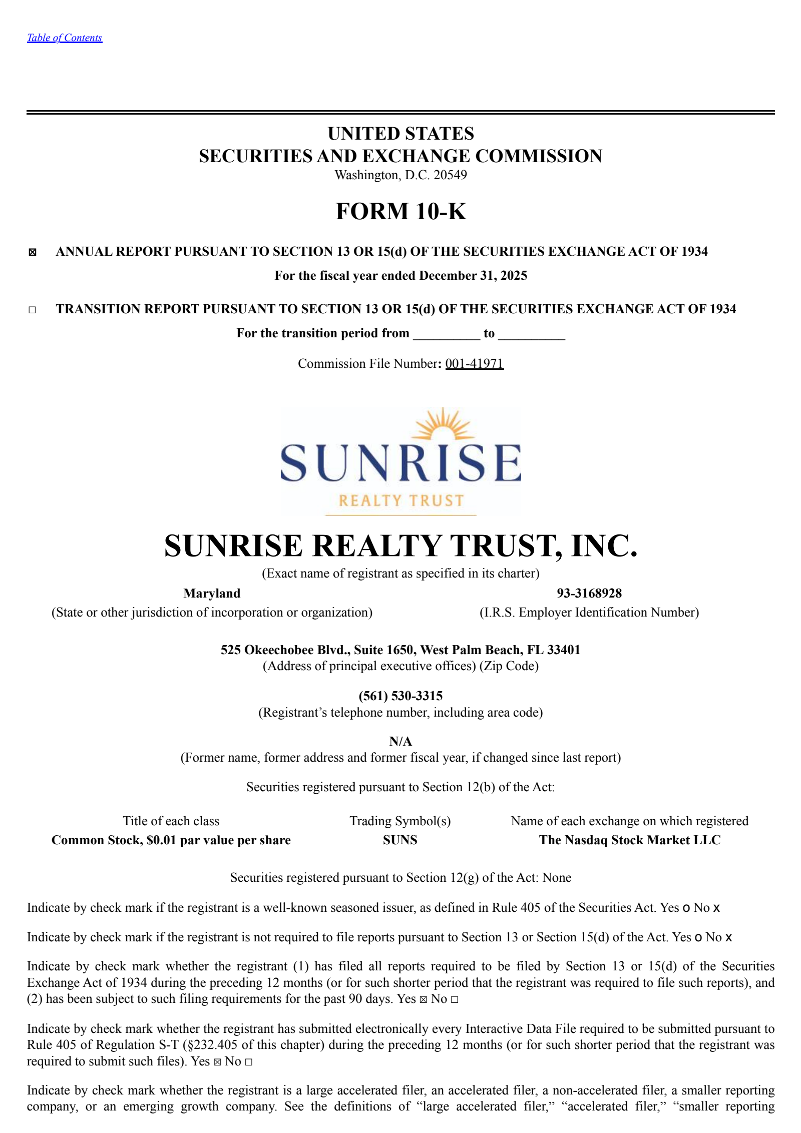 Sunrise Realty Trust's Q4 2025 Annual report