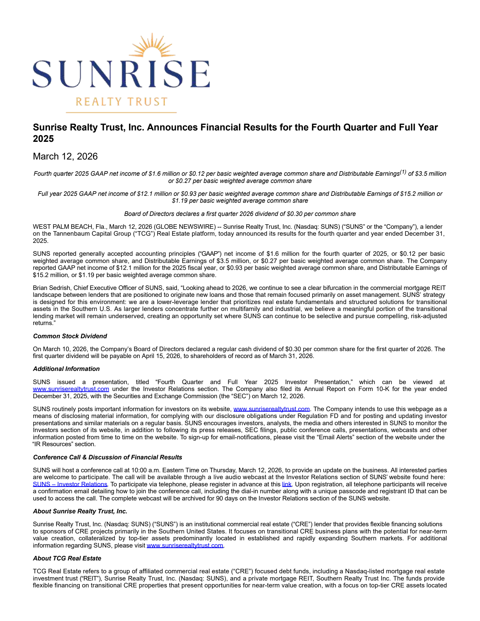 Sunrise Realty Trust's Q4 2025 Press Release