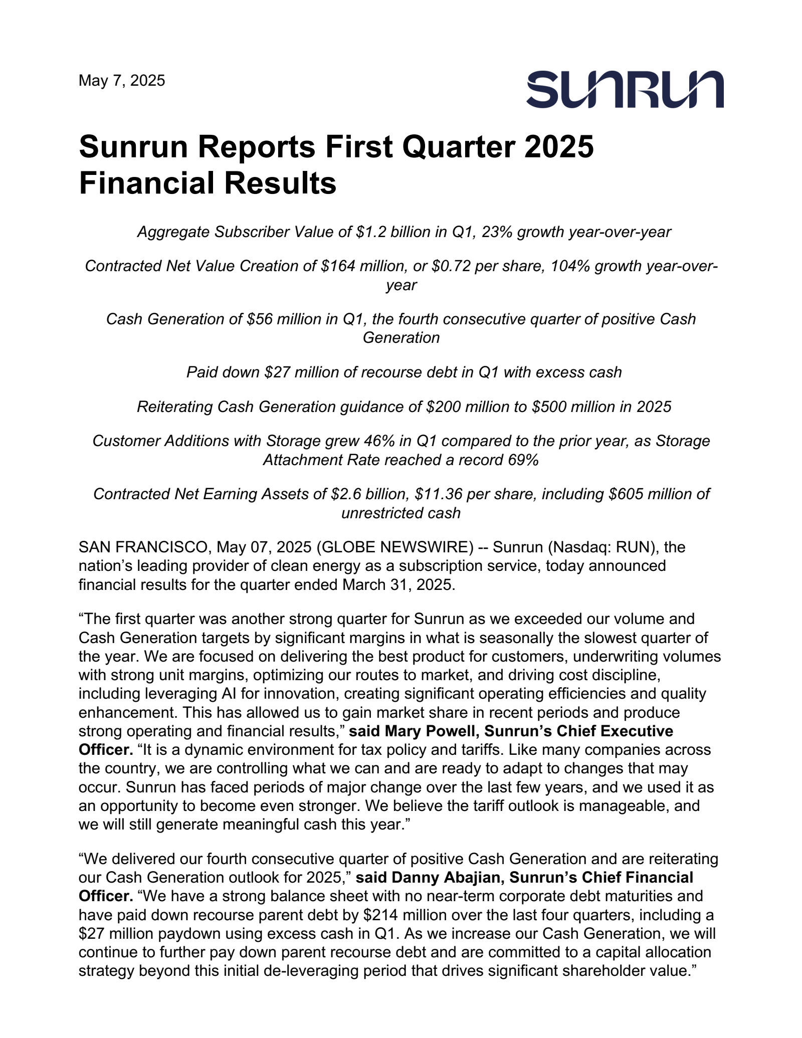Sunrun's Q1 2025 Press Release