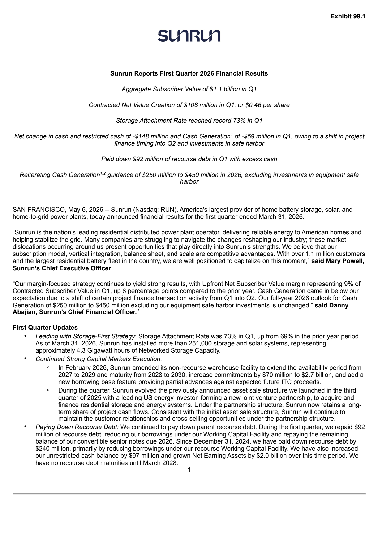 Sunrun's Q1 2026 Press Release