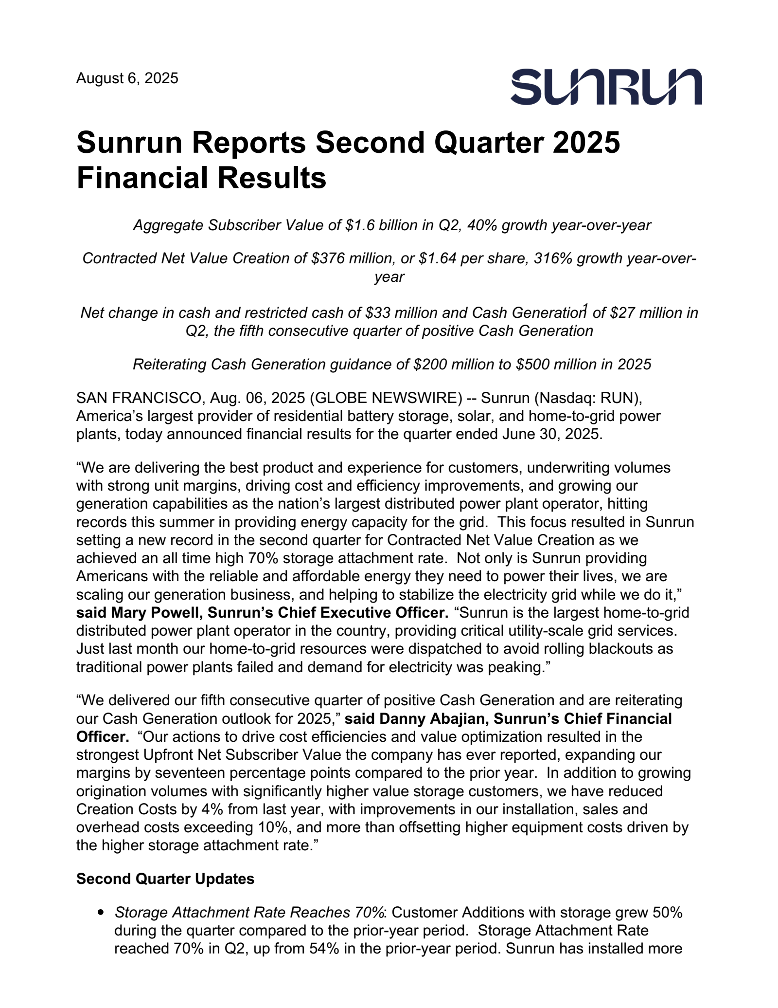 Sunrun's Q2 2025 Press Release