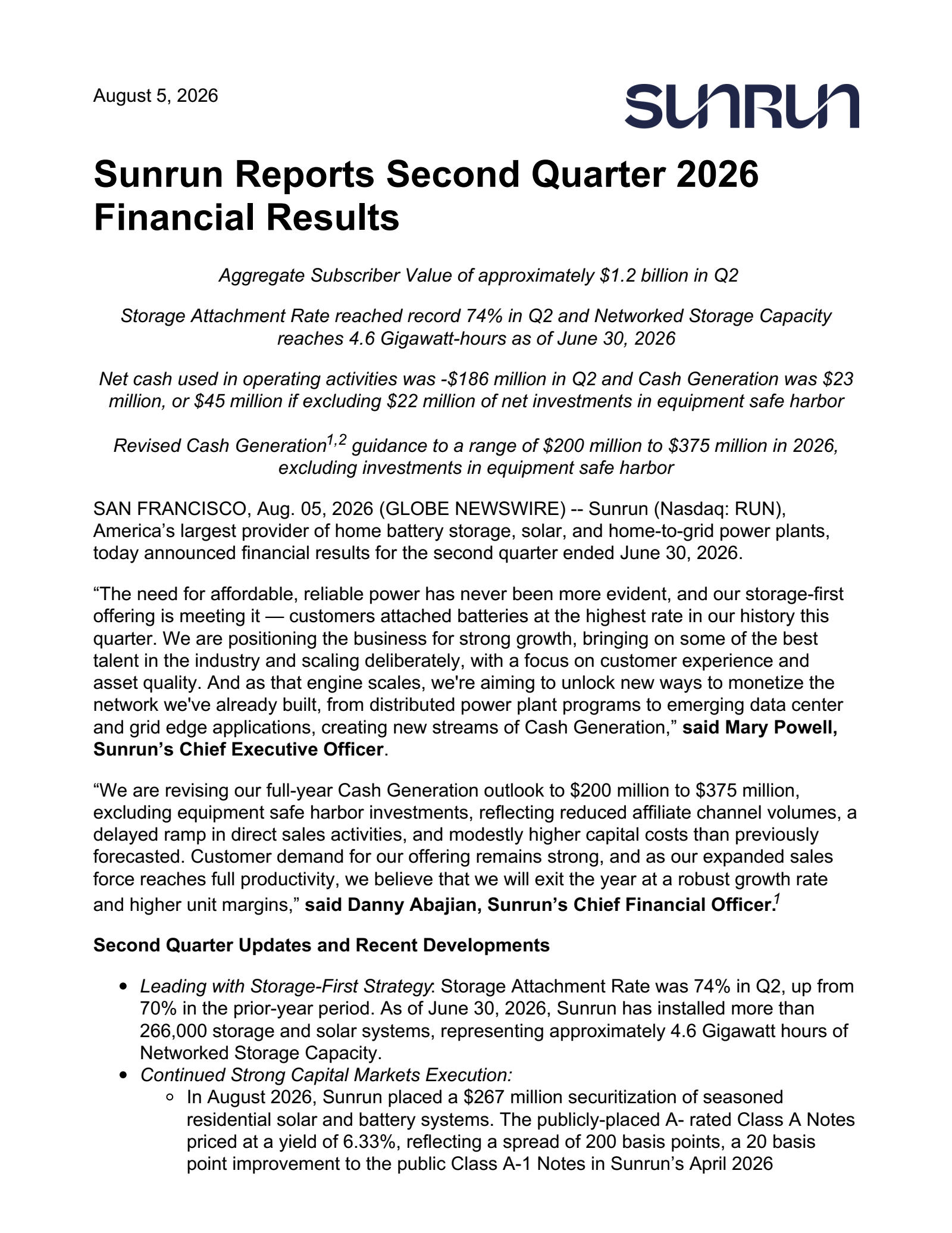 Sunrun's Q2 2026 Press Release
