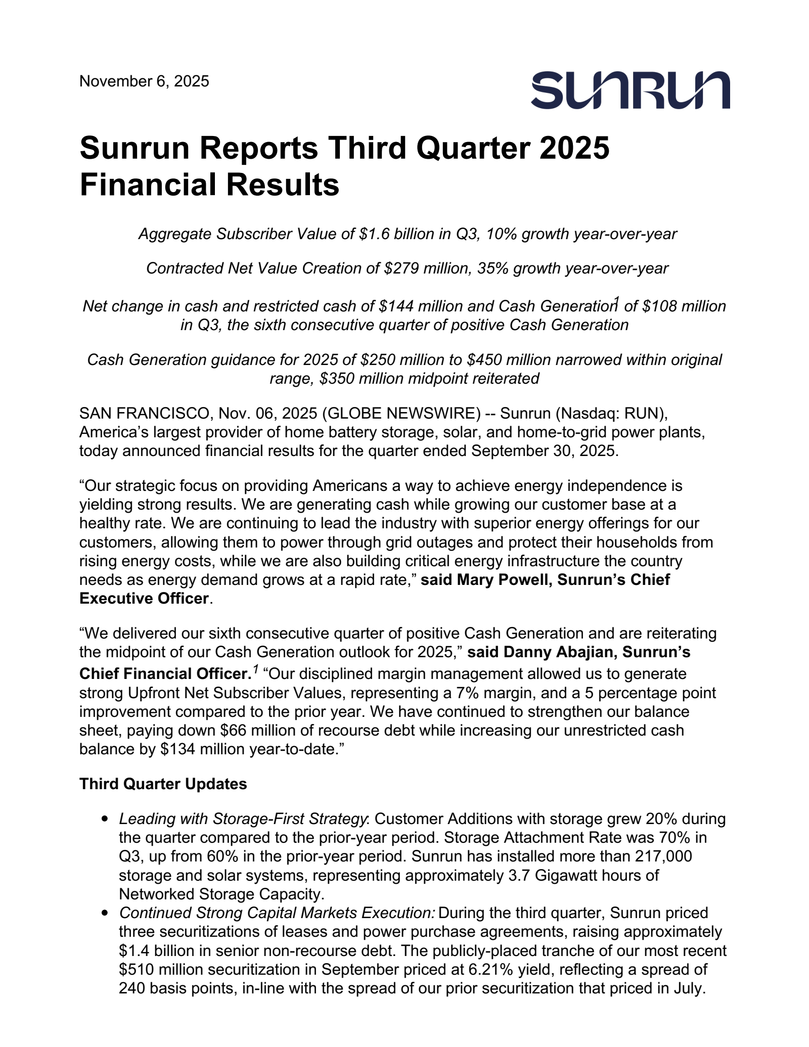 Sunrun's Q3 2025 Earnings Release