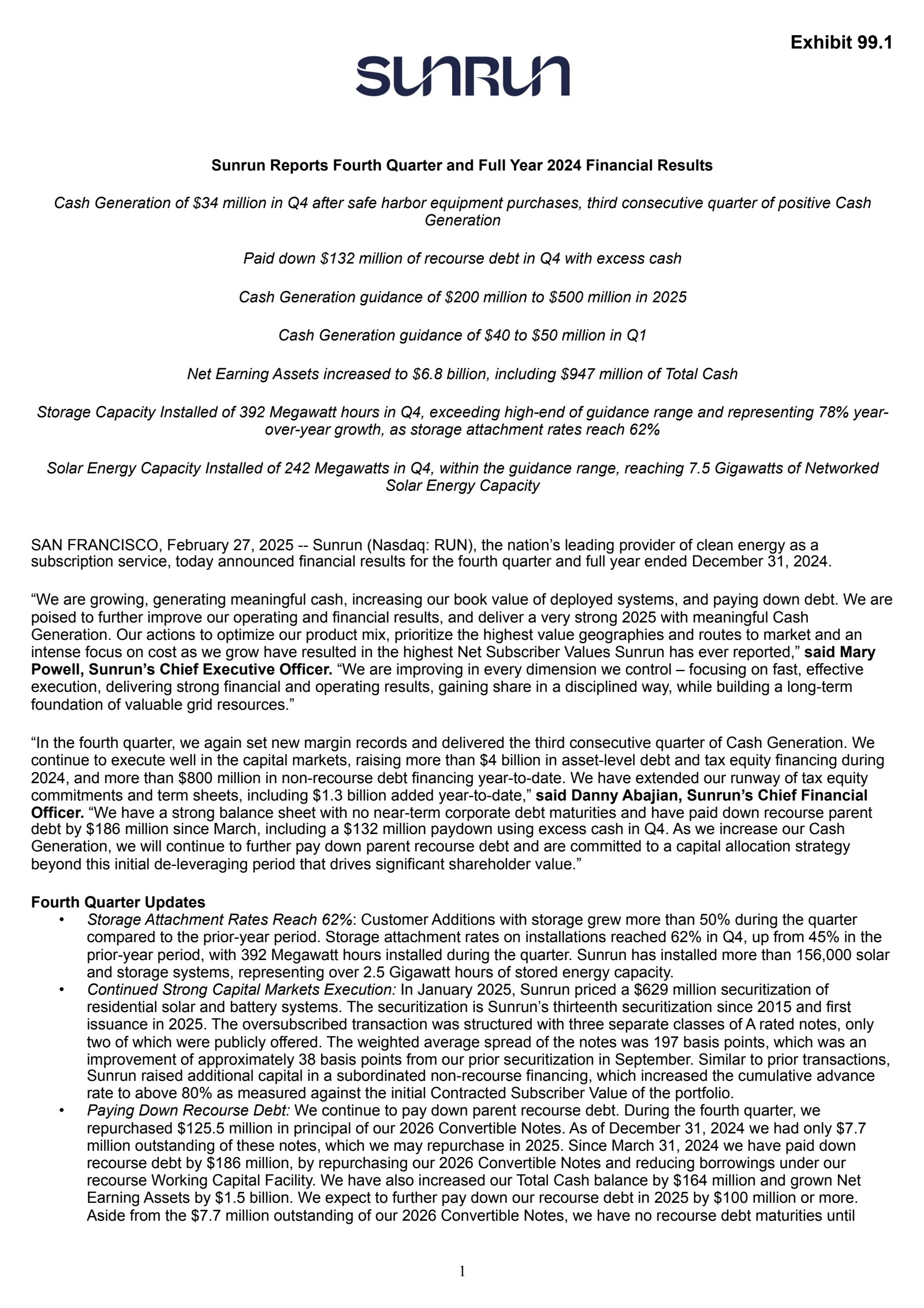Sunrun's Q4 2024 Press Release