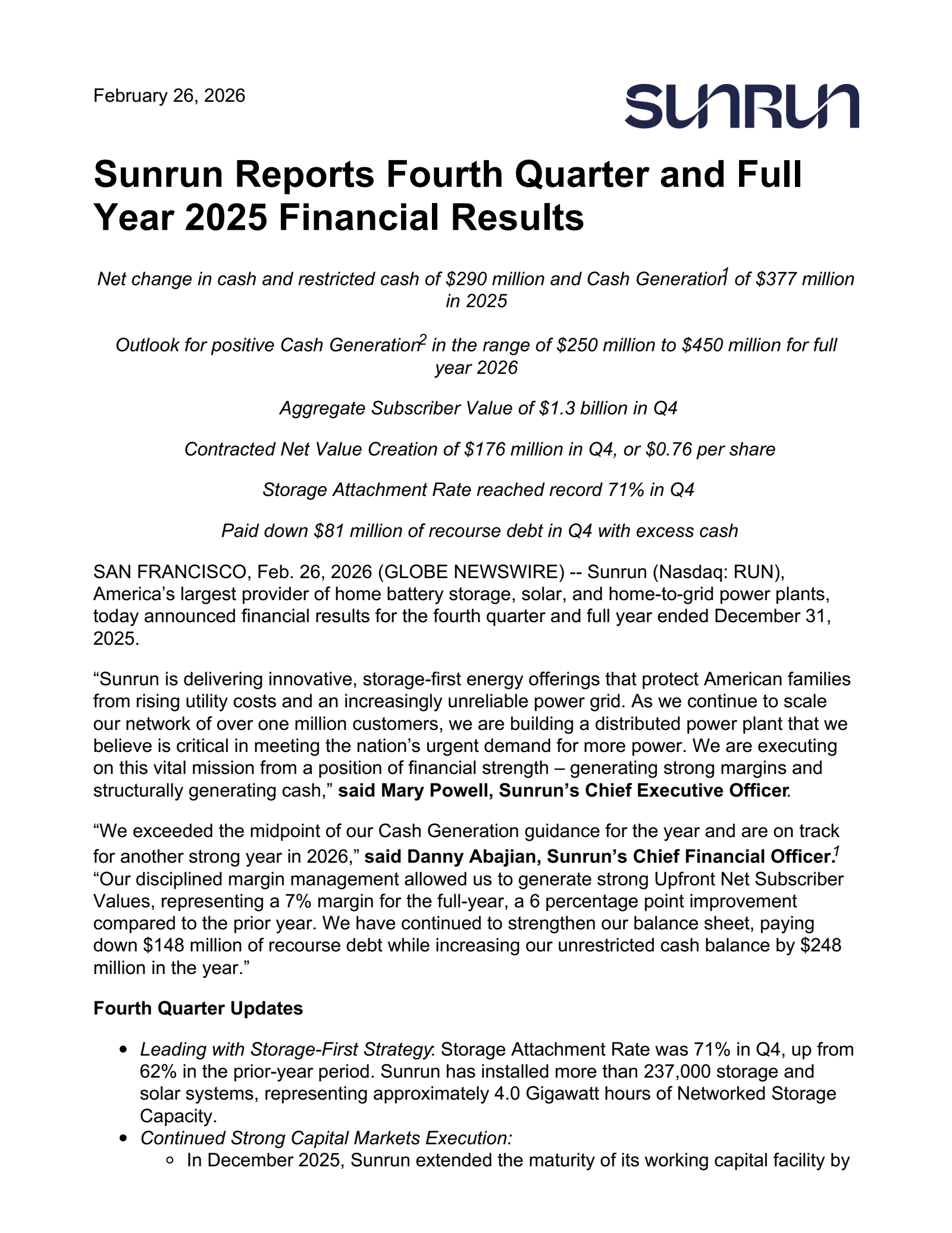 Sunrun's Q4 2025 Press Release