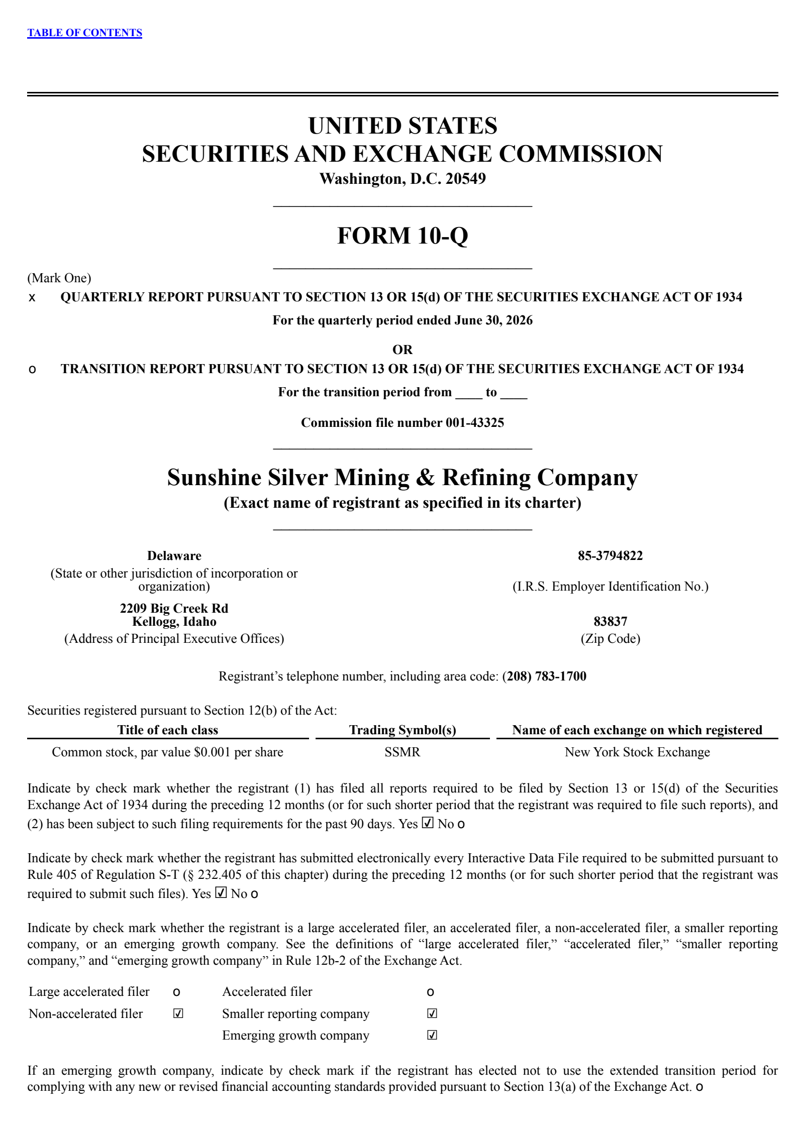 Sunshine Silver Mining & Refining's Q2 2026 Quarterly report