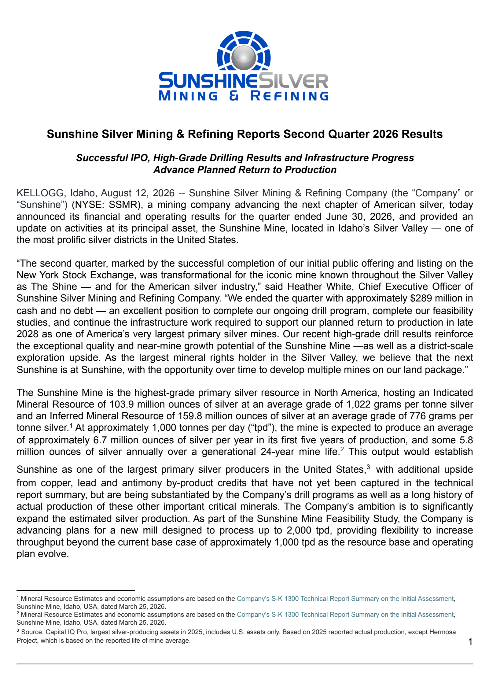 Sunshine Silver Mining & Refining's Q2 2026 Press Release