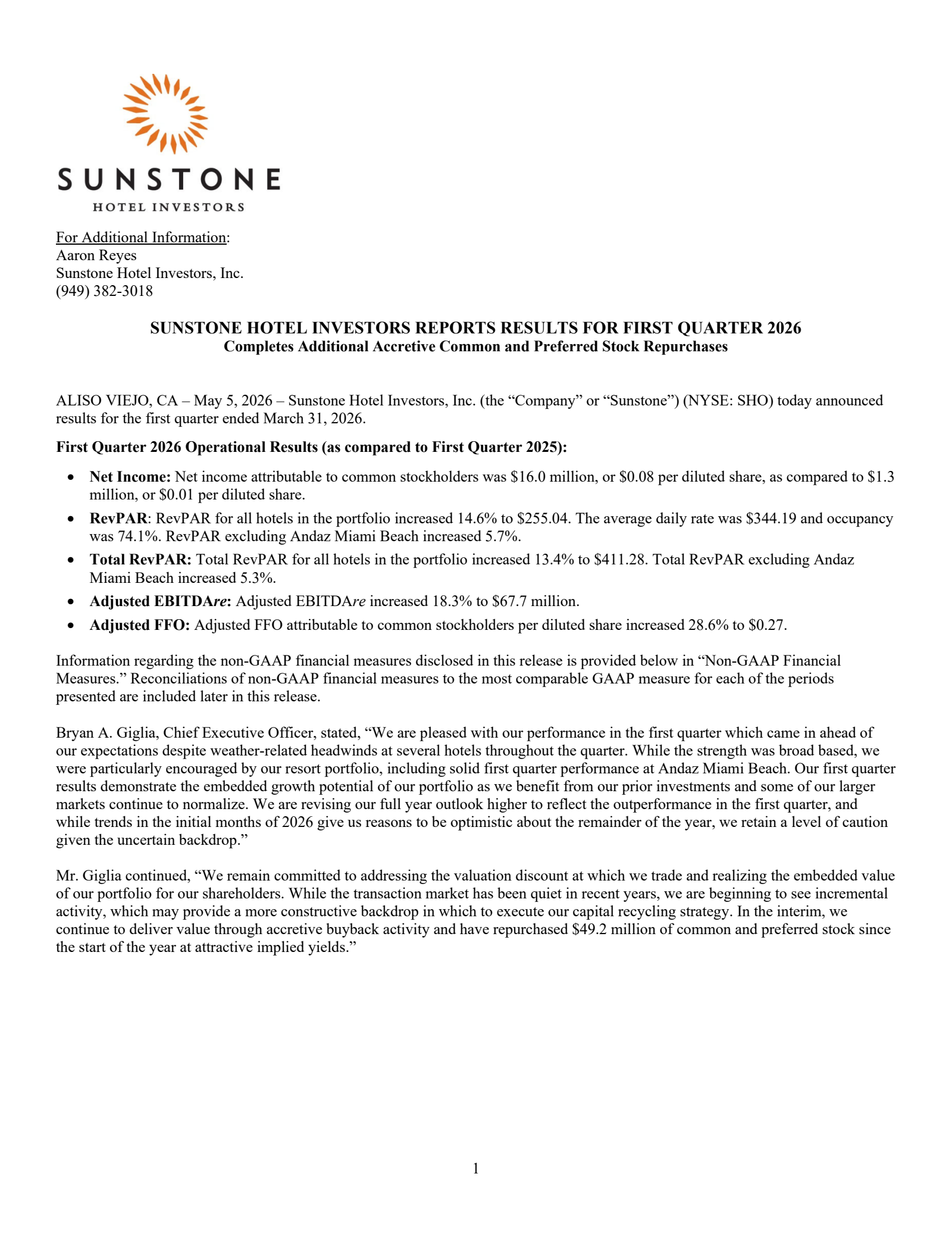 Sunstone Hotel Investors' Q1 2026 Press Release