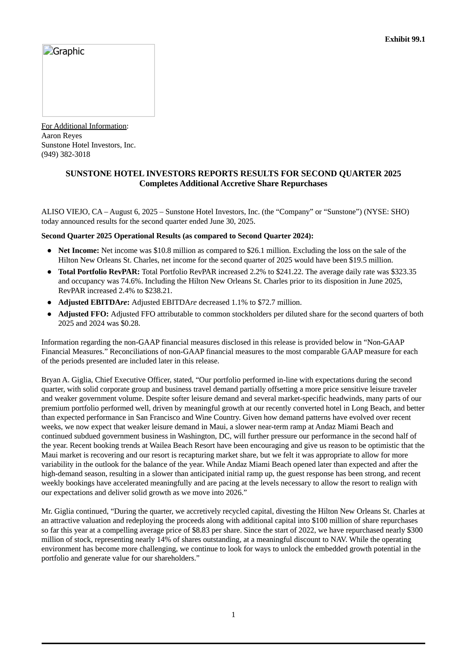 Sunstone Hotel Investors' Q2 2025 Press Release