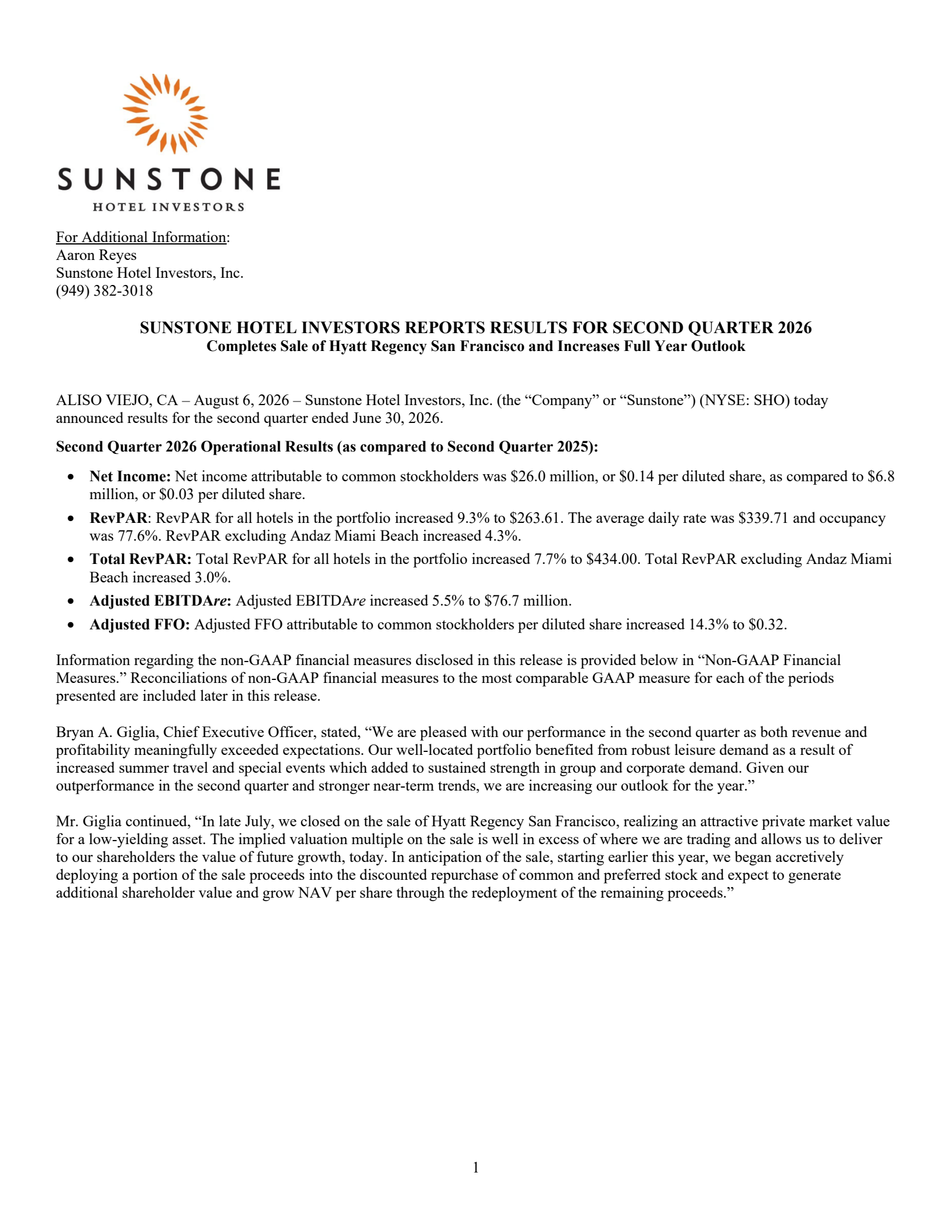 Sunstone Hotel Investors' Q2 2026 Press Release